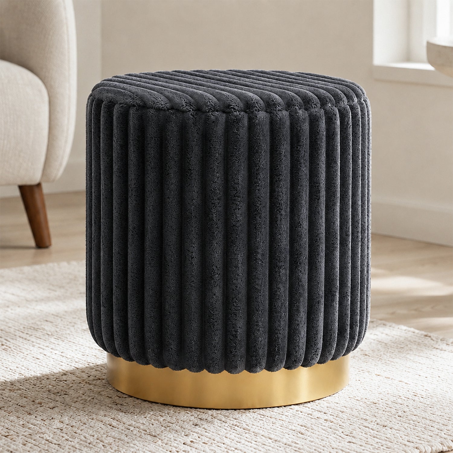 Contemporary Faux Fur Accent Stool with Gold Stainless Steel Base – Fully Assembled