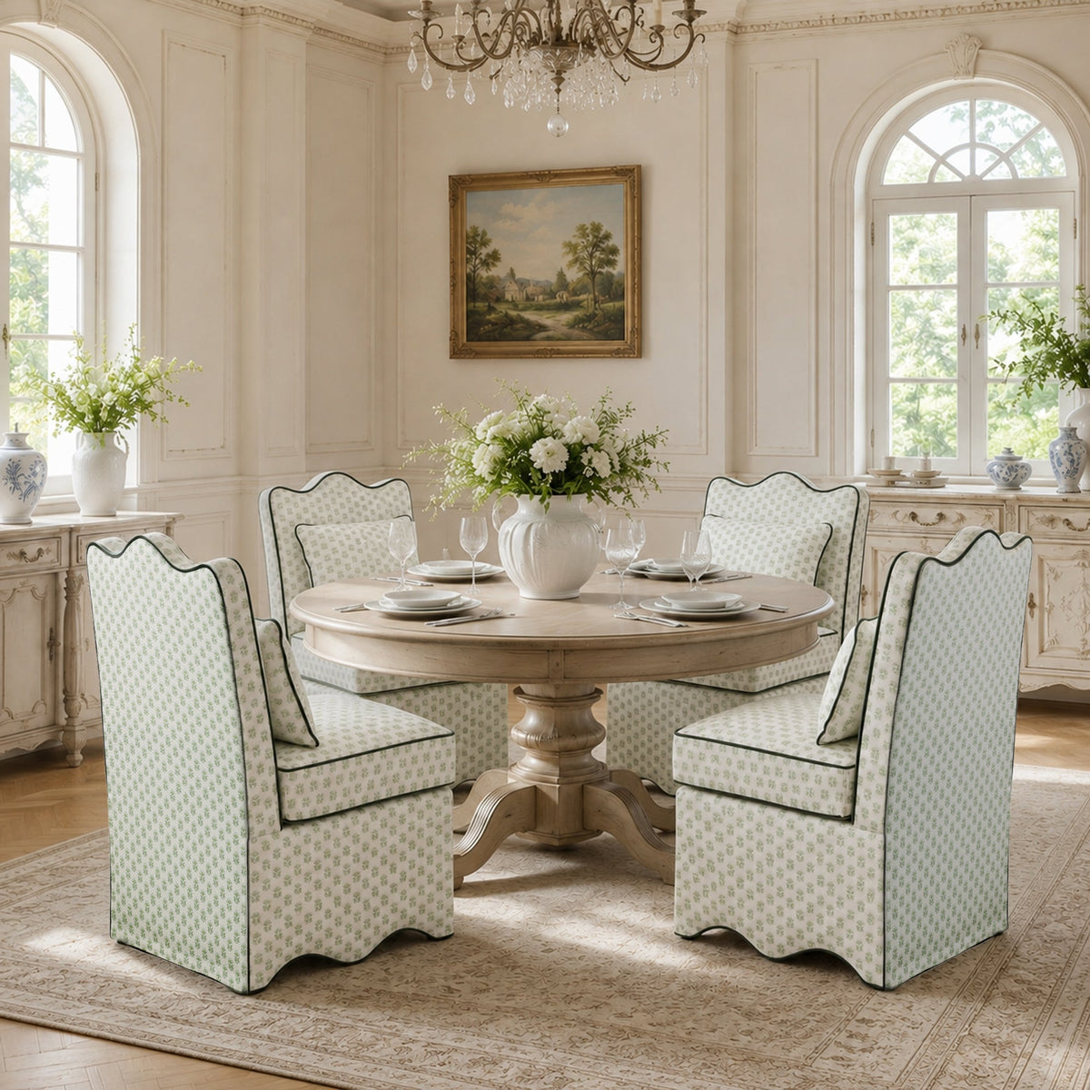 French Farmhouse Accent Chair with Scalloped Back & Upholstered Seat
