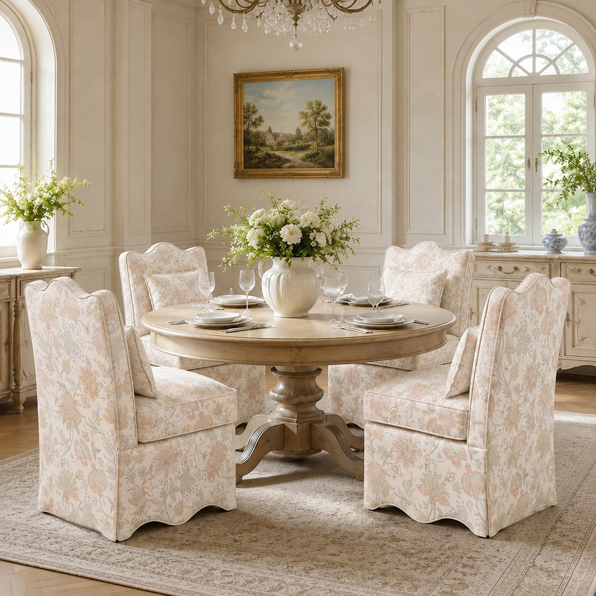 French Farmhouse Accent Chair with Scalloped Back & Upholstered Seat