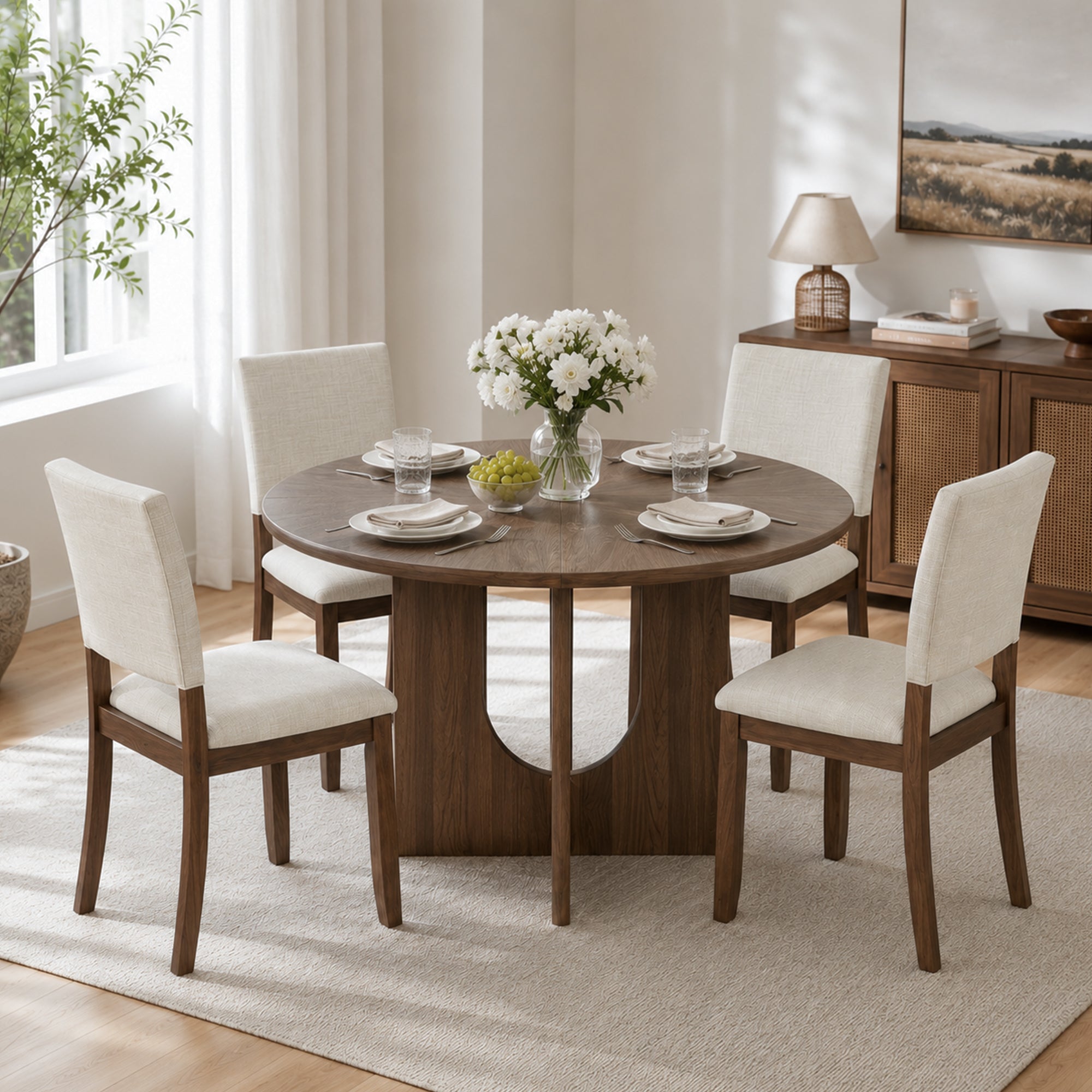 Modern 5-Piece Dining Table Set with 4 Upholstered Chairs – Round Table