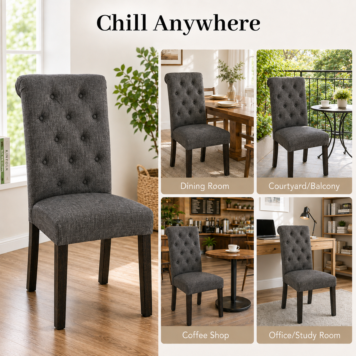 Rustic Upholstered Dining Chair with Button-Tufted Scroll Back