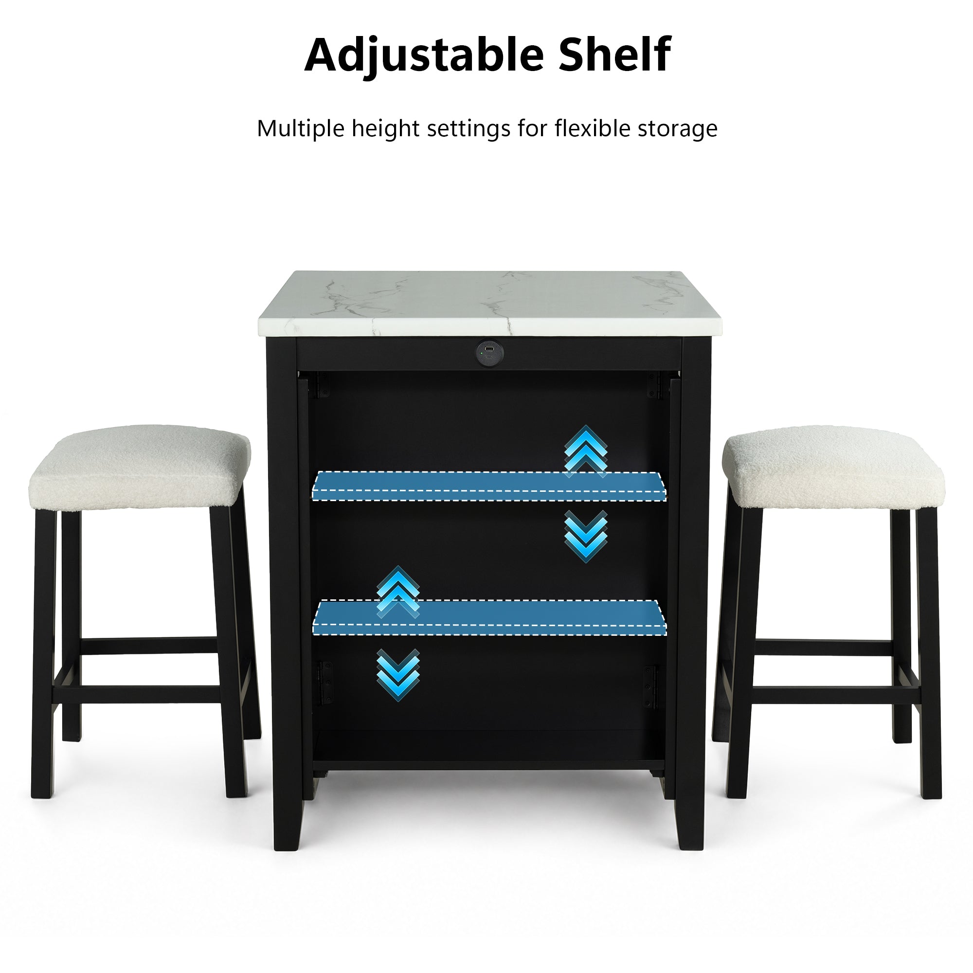 3-Piece Dining Set with USB Charging, Storage Shelves & Boucle Stools, High Gloss Kitchen Table for Small Spaces