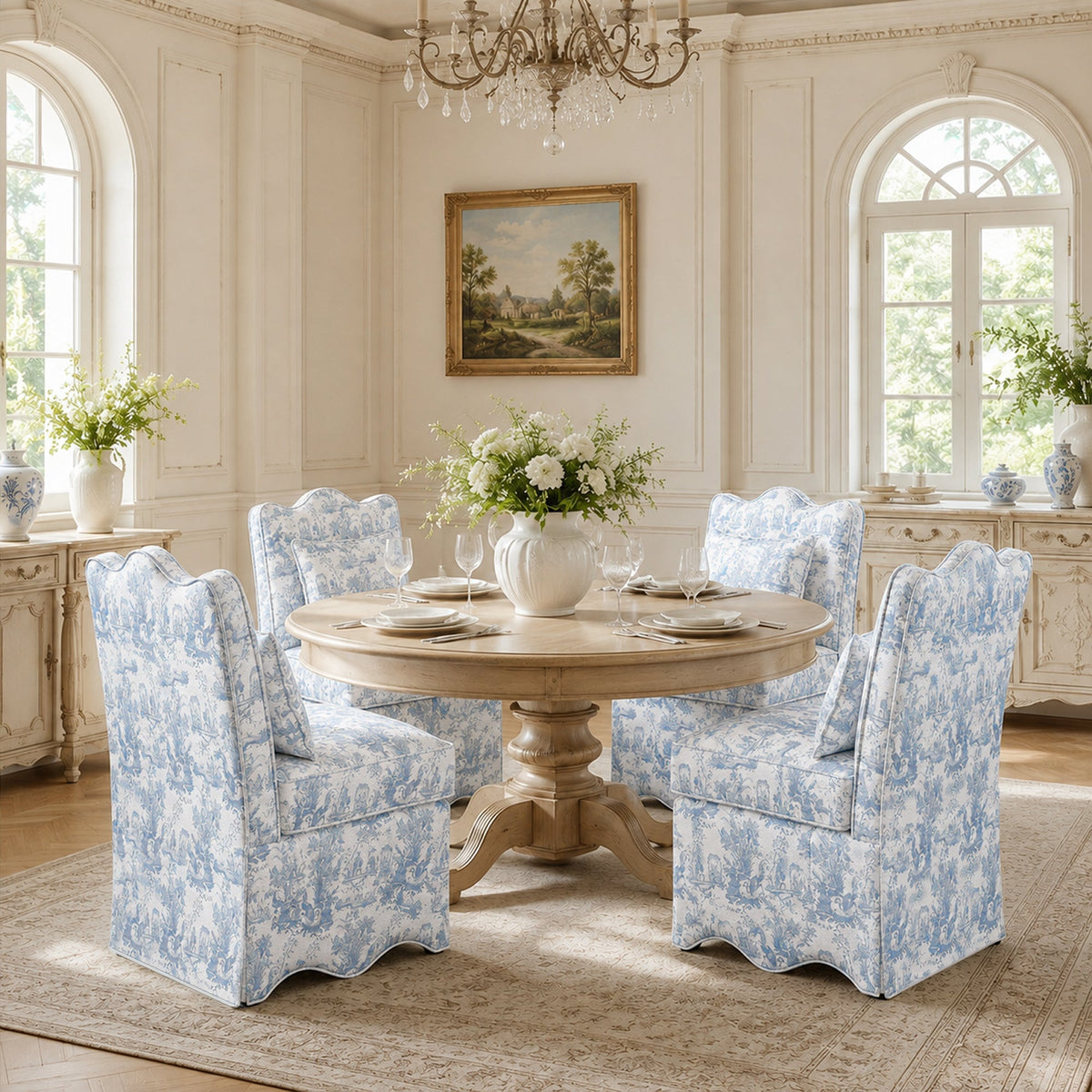 French Farmhouse Accent Chair with Scalloped Back & Upholstered Seat