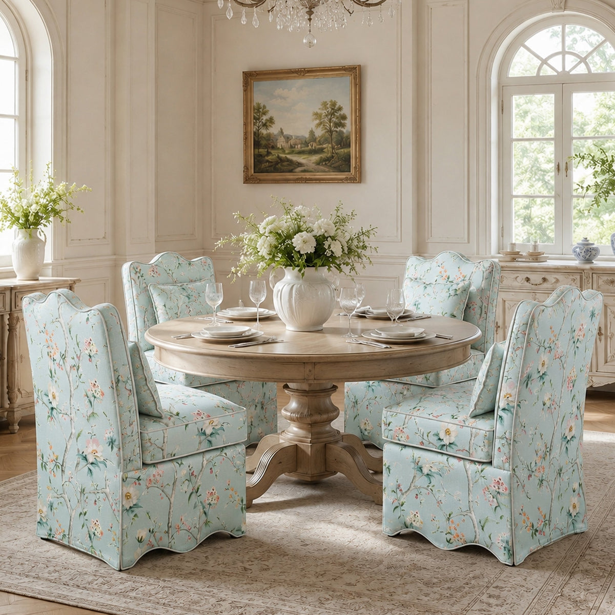 French Farmhouse Accent Chair with Scalloped Back & Upholstered Seat