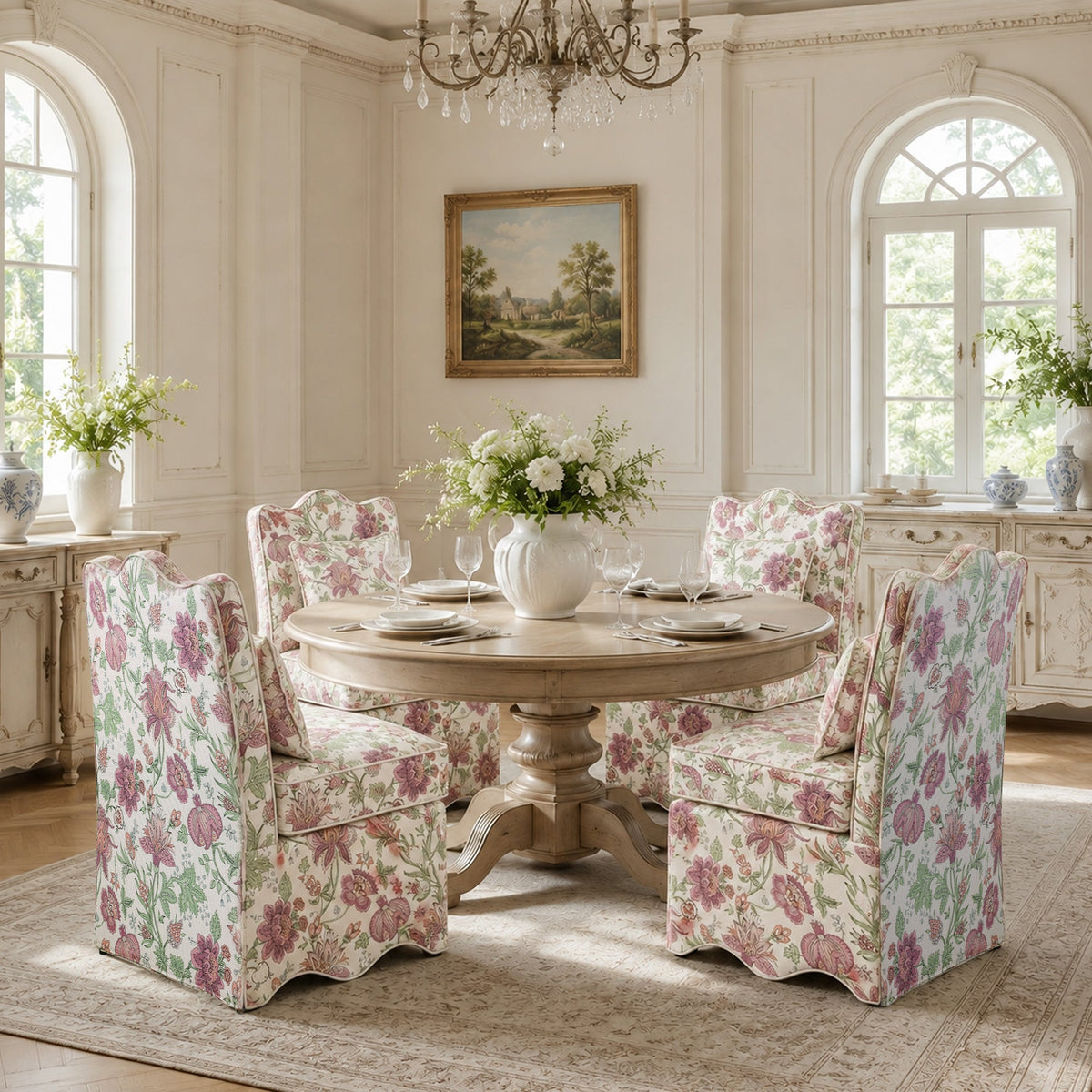 French Farmhouse Accent Chair with Scalloped Back & Upholstered Seat