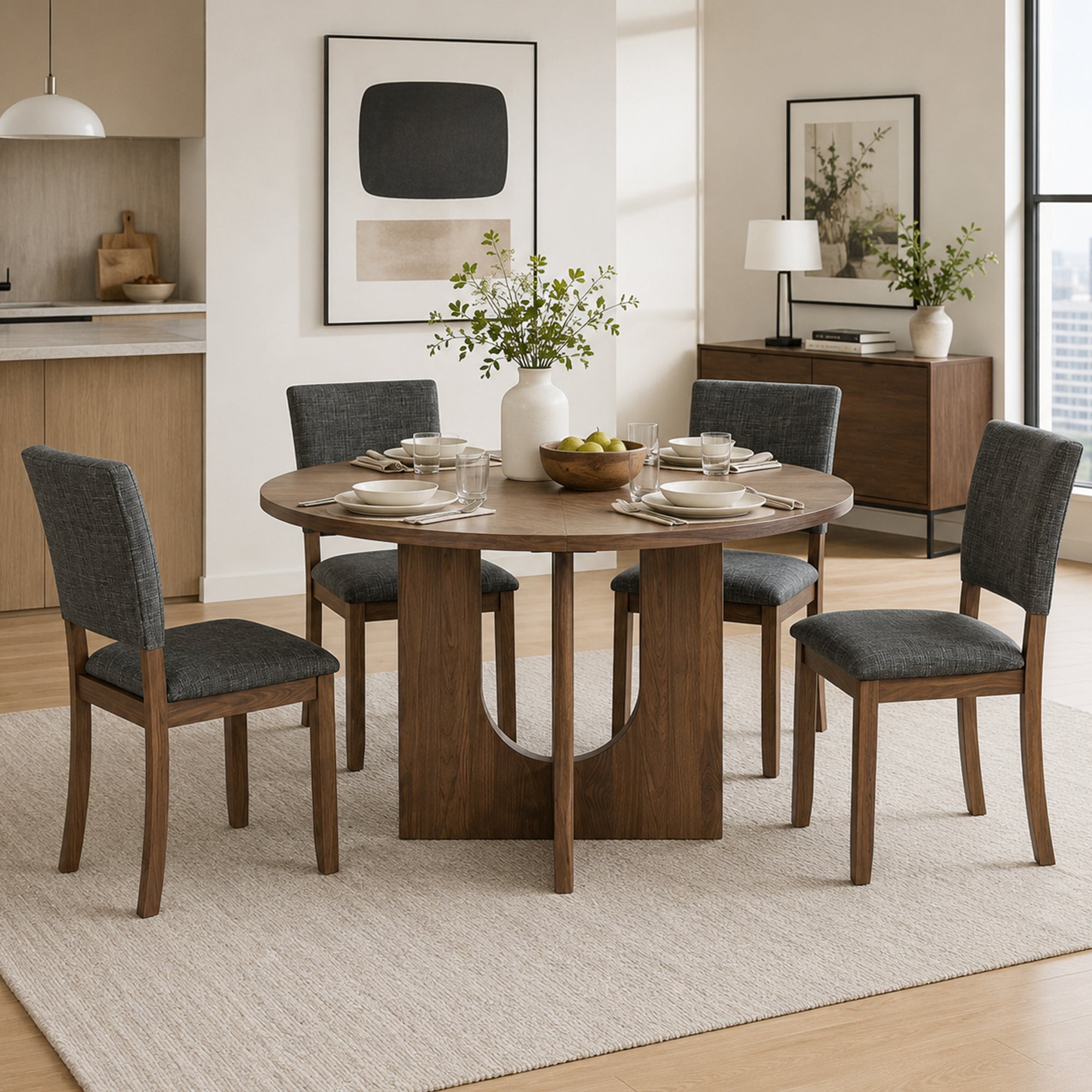 Modern 5-Piece Dining Table Set with 4 Upholstered Chairs – Round Table