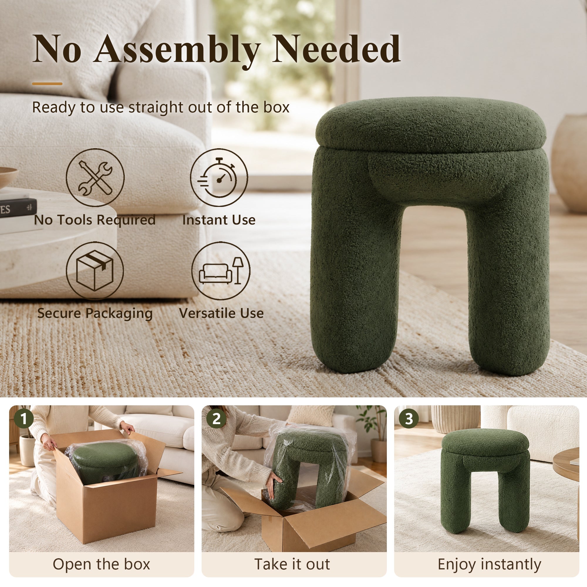 Contemporary Teddy Bouclé Accent Stool with Solid Wood Frame – Fully Assembled