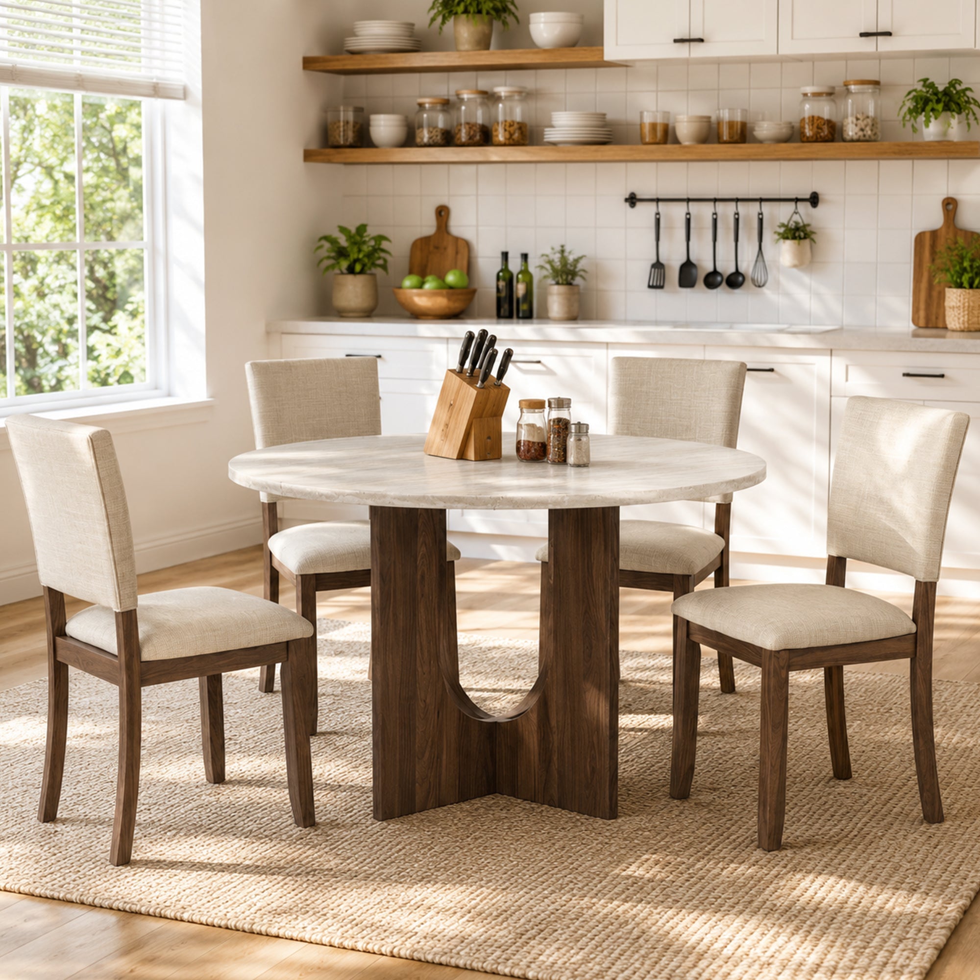 Modern 5-Piece Dining Table Set with 4 Upholstered Chairs – Round Table