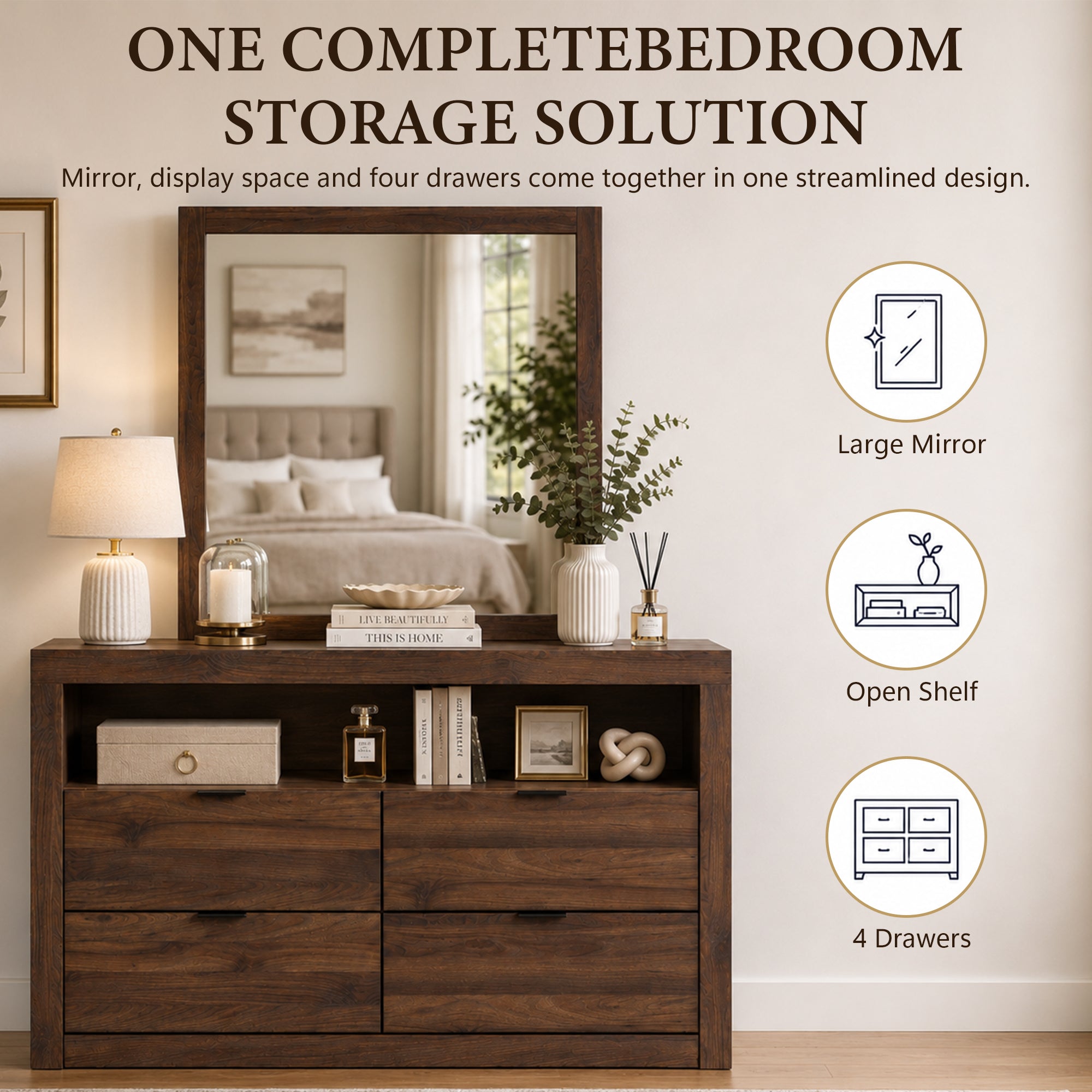 Contemporary Walnut Dresser with Optional Mirror, Finger Pull Drawers & Solid Wood Construction