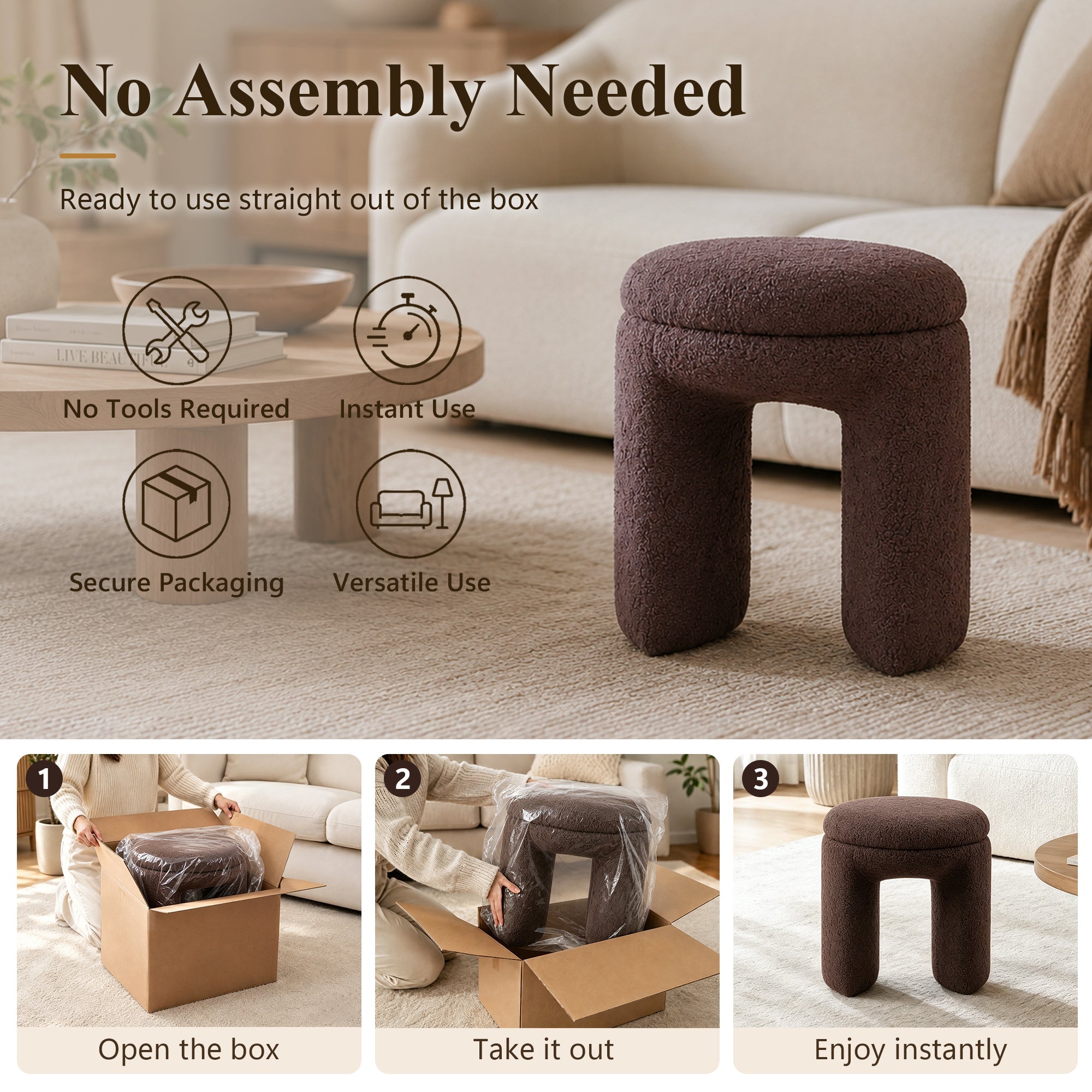 Contemporary Teddy Bouclé Accent Stool with Solid Wood Frame – Fully Assembled