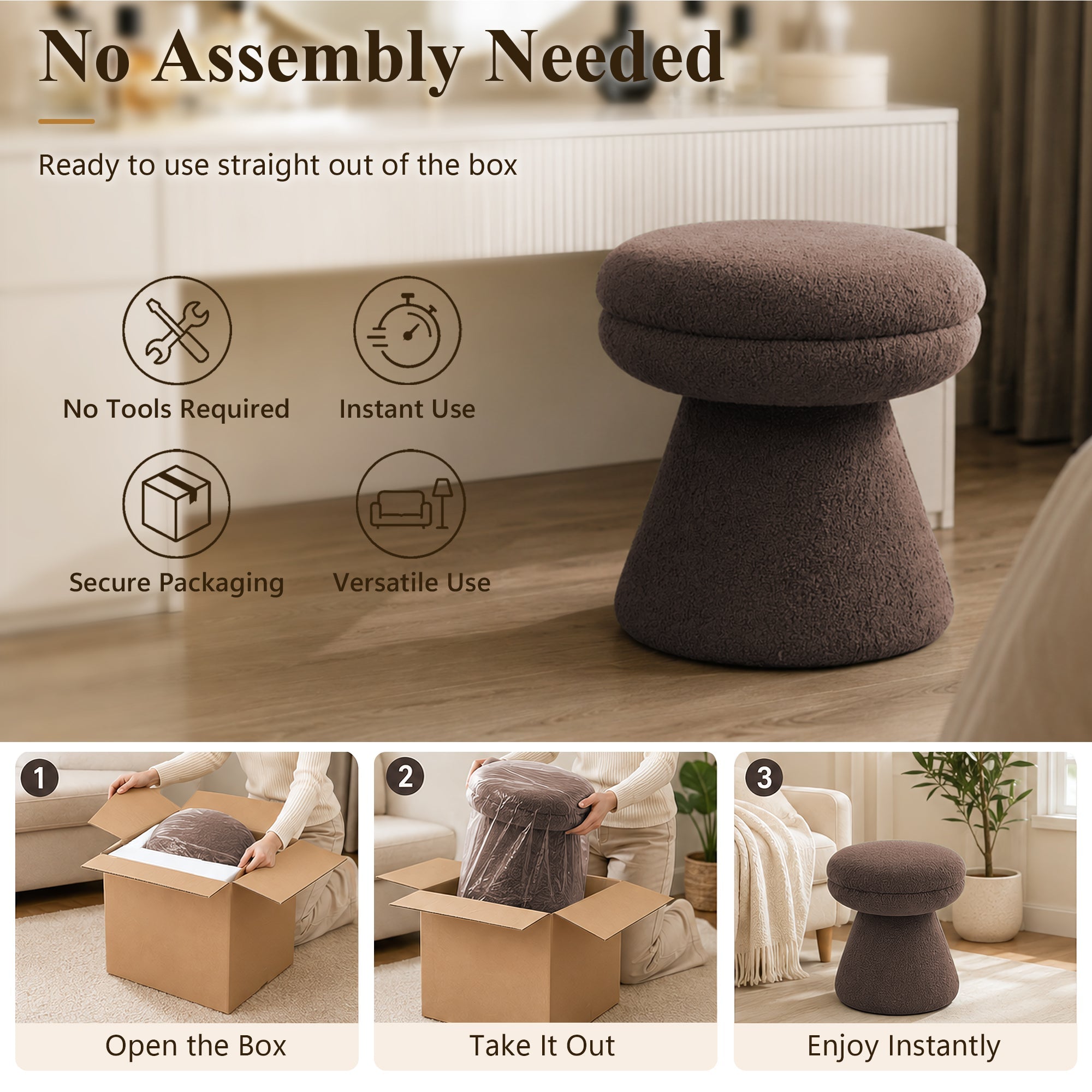 Contemporary Teddy Accent Stool with Mushroom Silhouette & Pedestal Base – Fully Assembled