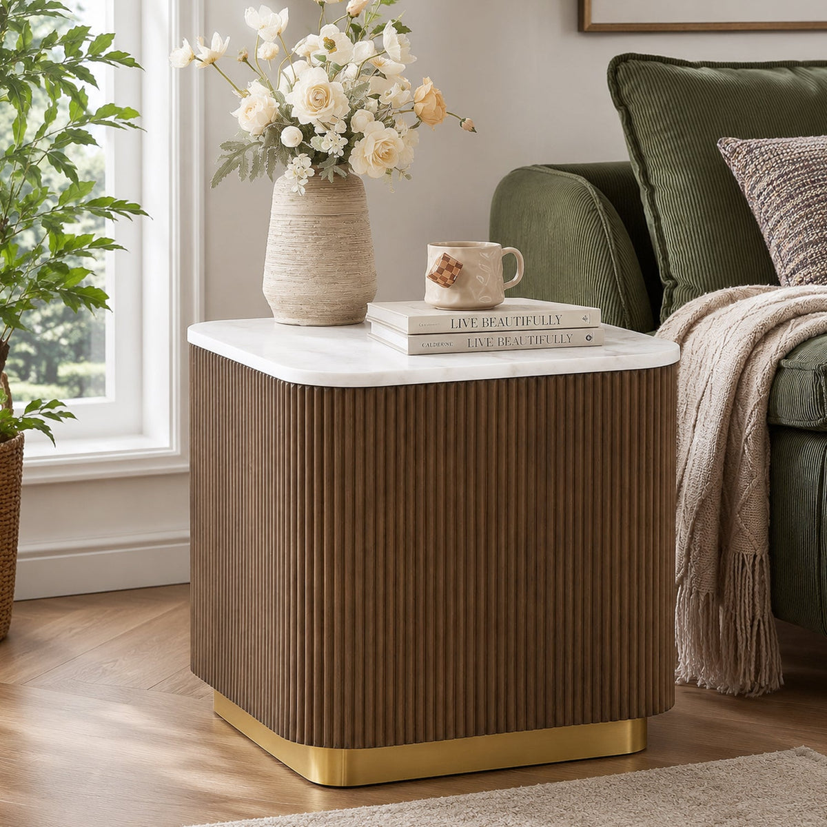 Modern Marble End Table – Genuine Marble Top & Gold Stainless Steel Base