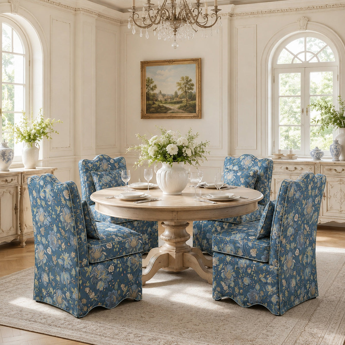 French Farmhouse Accent Chair with Scalloped Back & Upholstered Seat