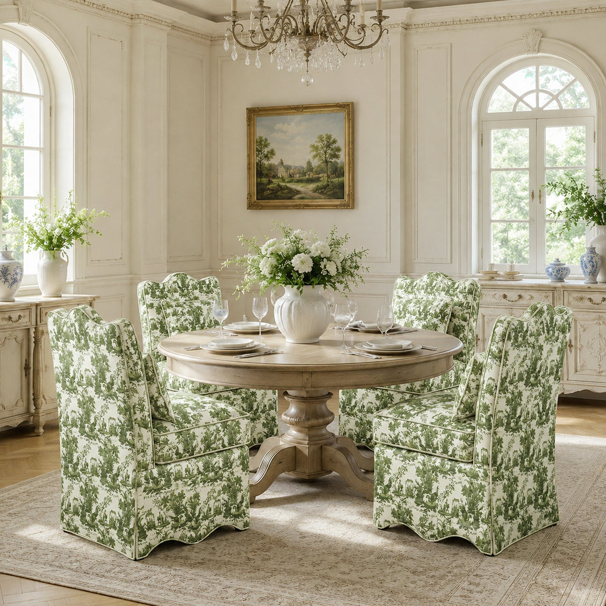 French Farmhouse Accent Chair with Scalloped Back & Upholstered Seat