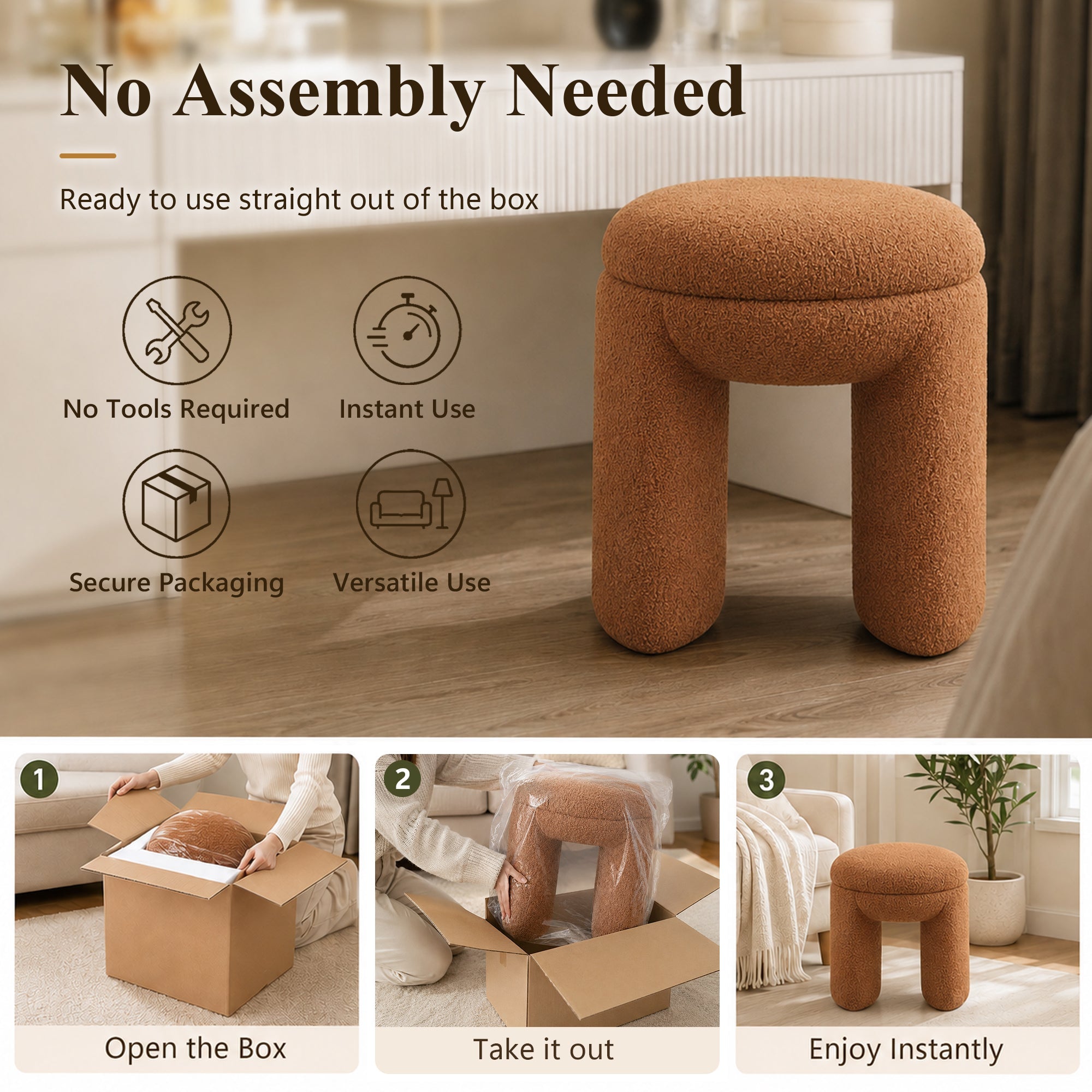 Contemporary Teddy Bouclé Accent Stool with Solid Wood Frame – Fully Assembled