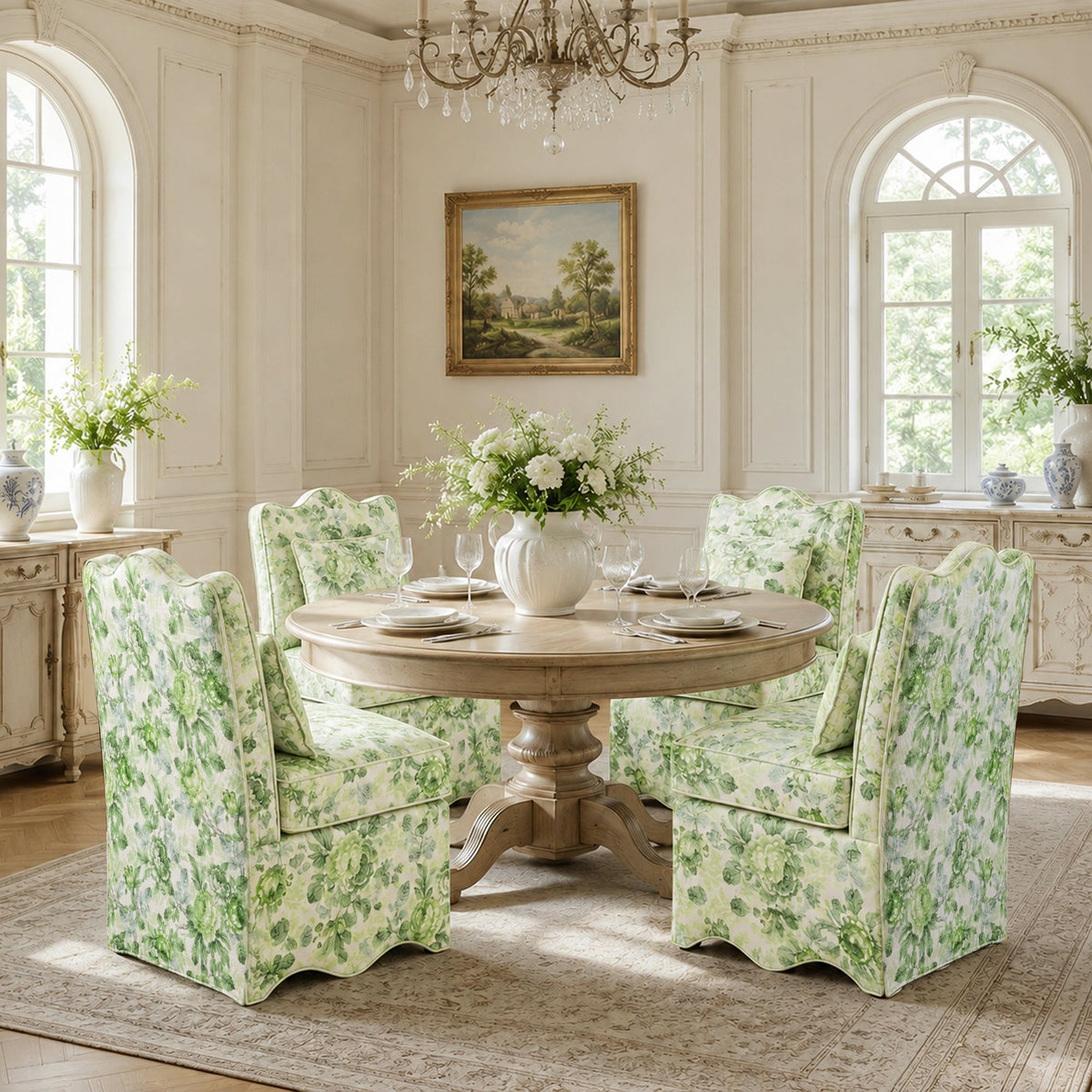 French Farmhouse Accent Chair with Scalloped Back & Upholstered Seat