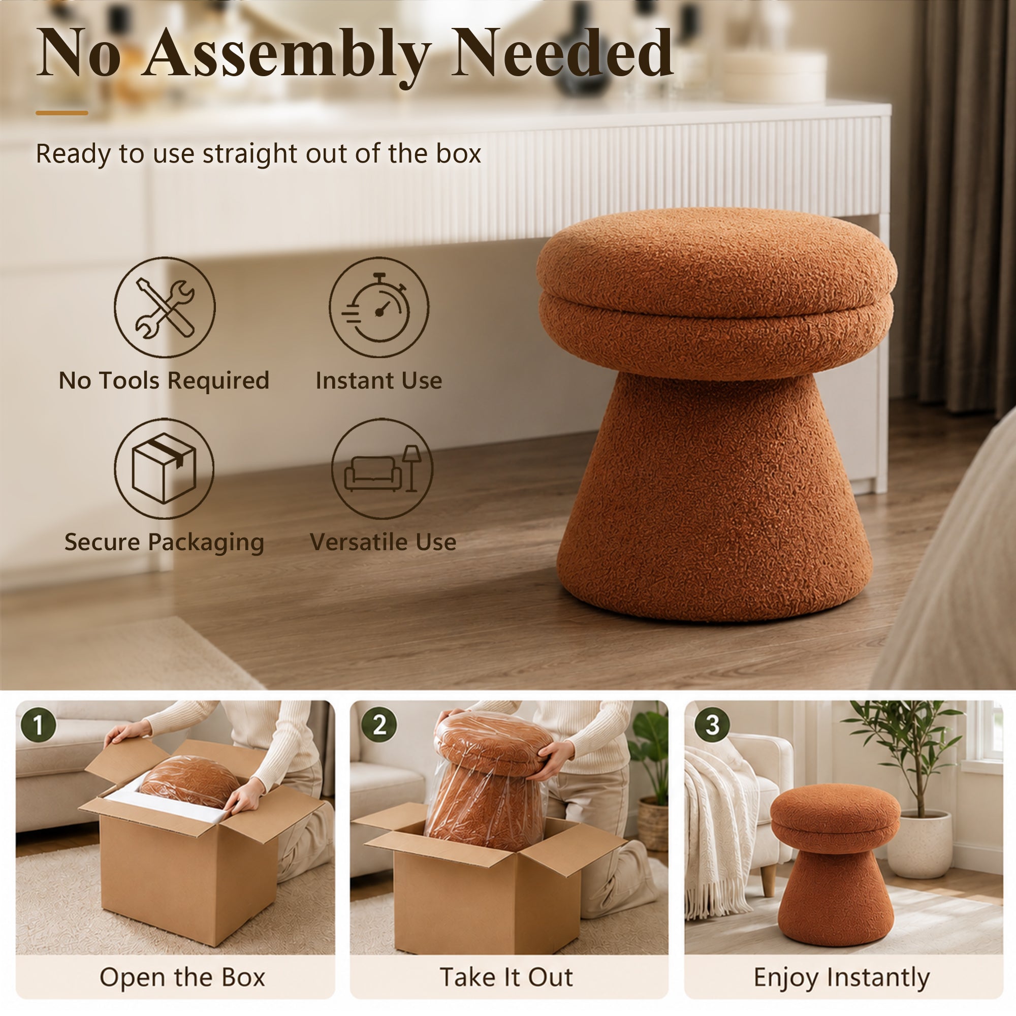 Contemporary Teddy Accent Stool with Mushroom Silhouette & Pedestal Base – Fully Assembled