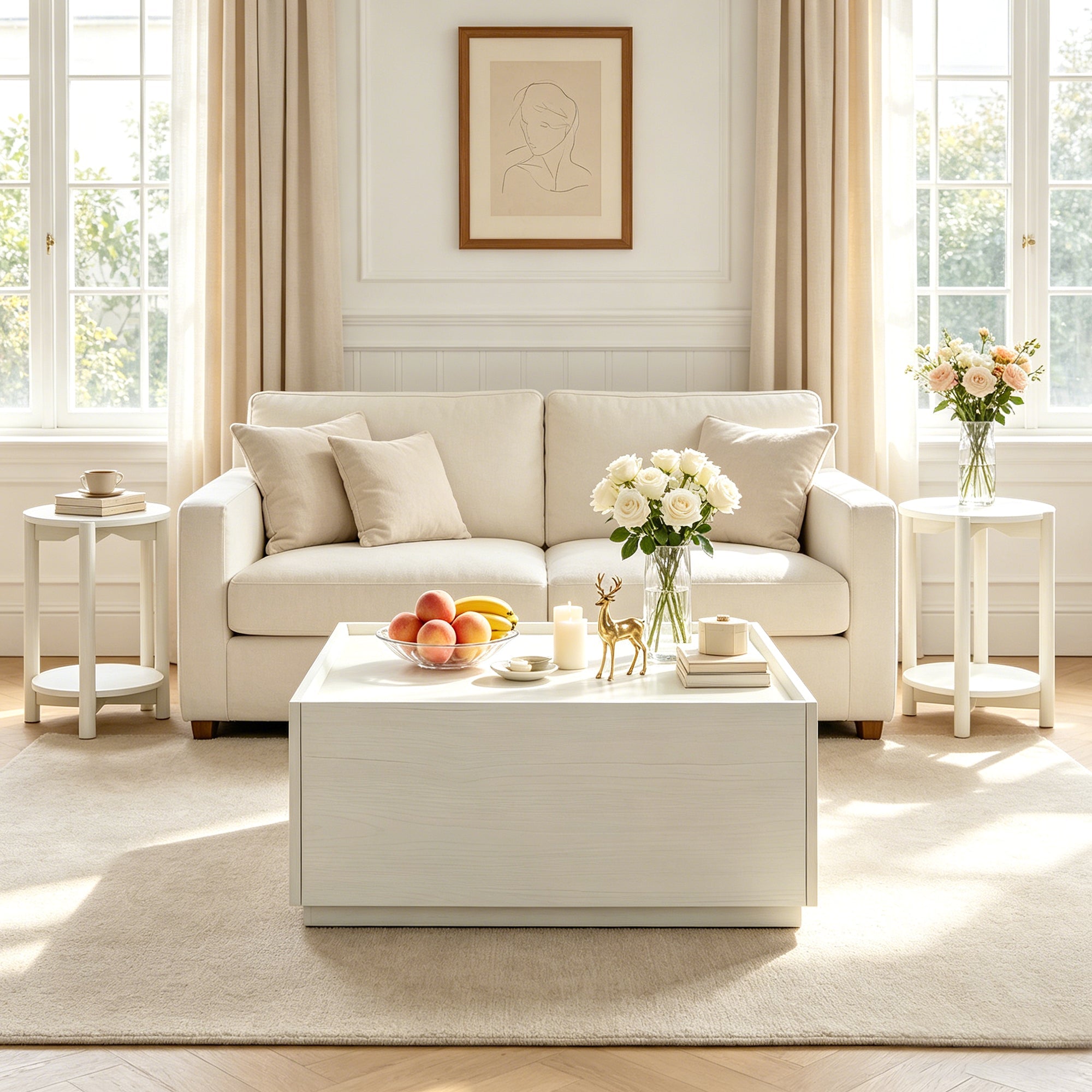 Transitional Coffee Table with Dual Storage Drawers – Modern Wood Look Living Room Table