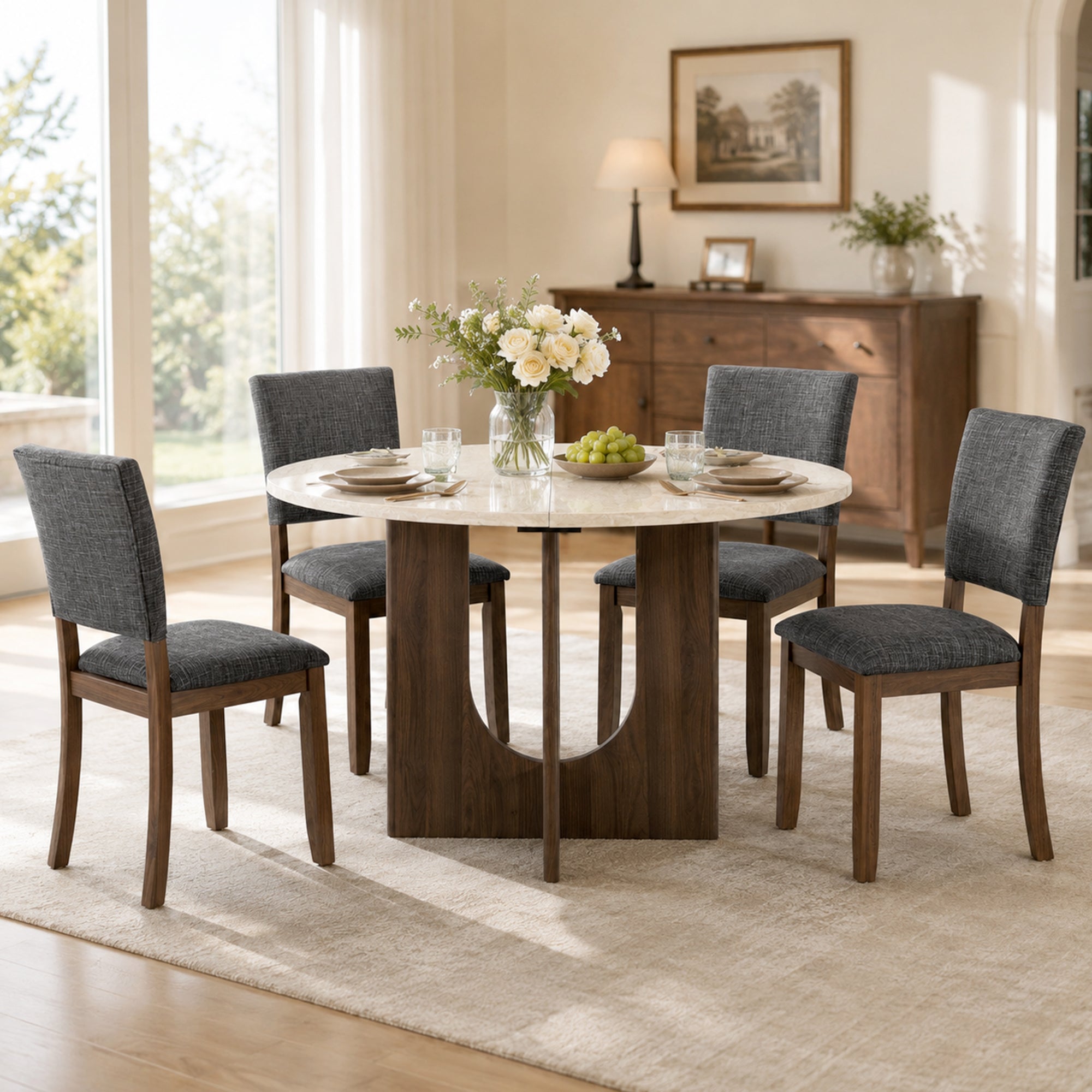 Modern 5-Piece Dining Table Set with 4 Upholstered Chairs – Round Table