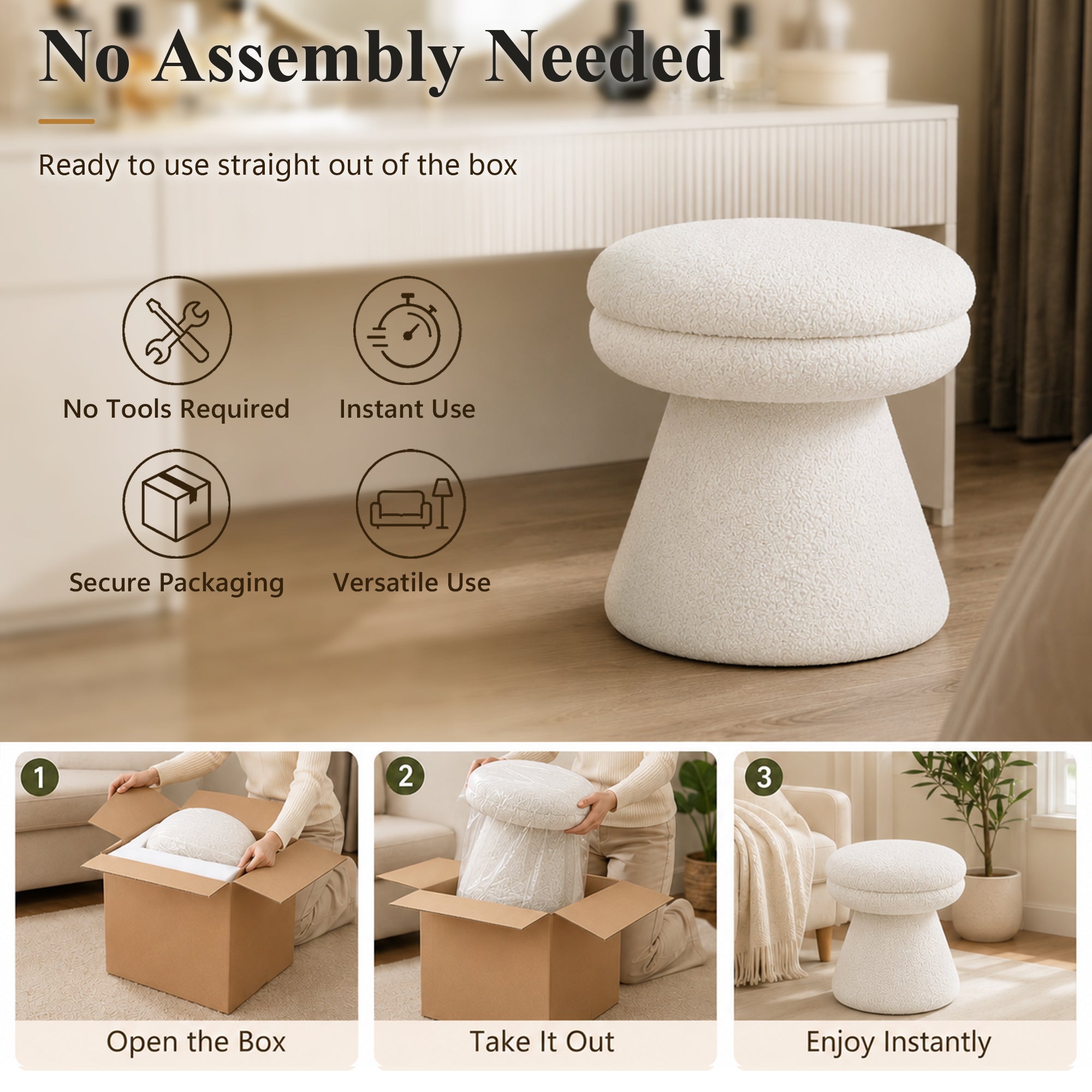 Contemporary Teddy Accent Stool with Mushroom Silhouette & Pedestal Base – Fully Assembled