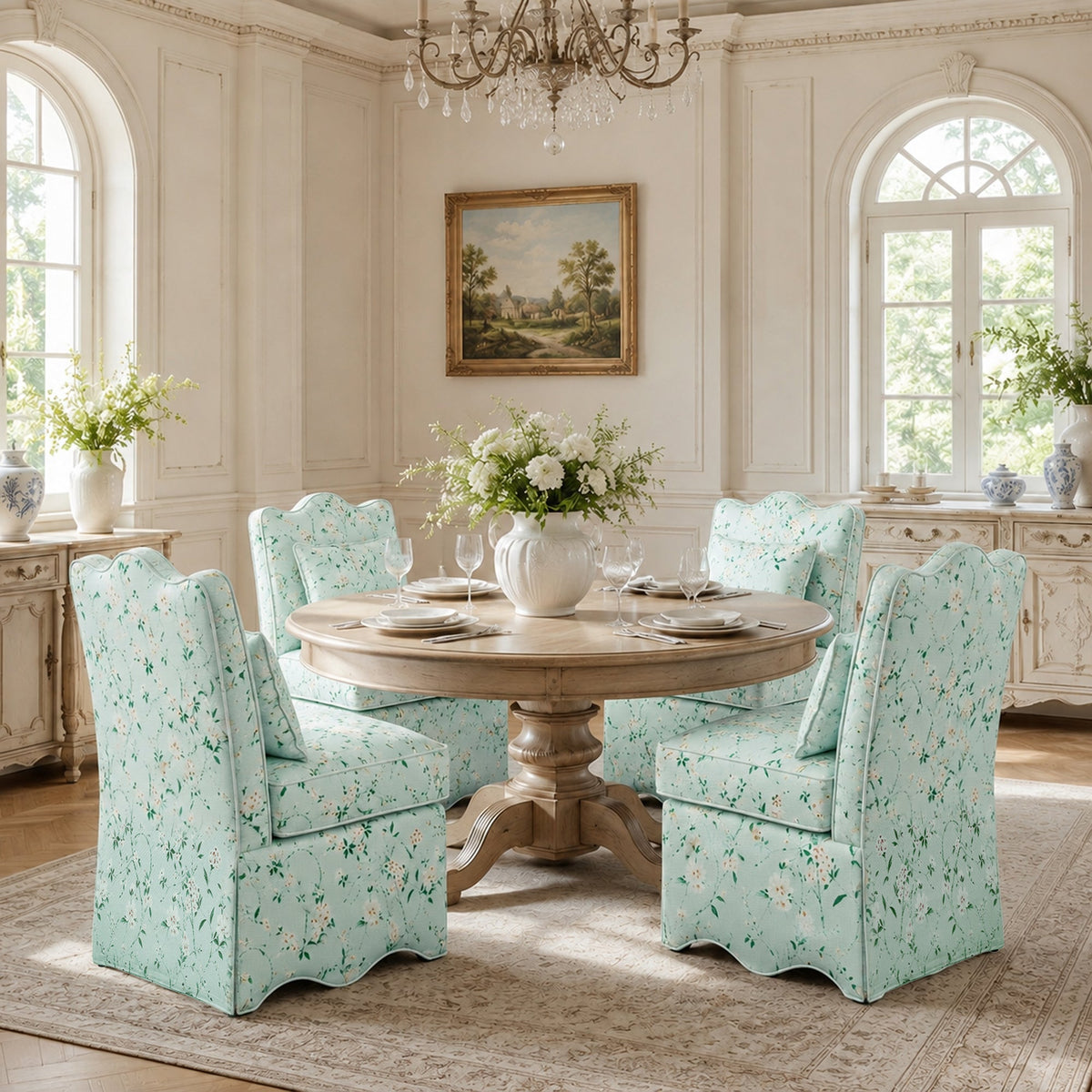 French Farmhouse Accent Chair with Scalloped Back & Upholstered Seat