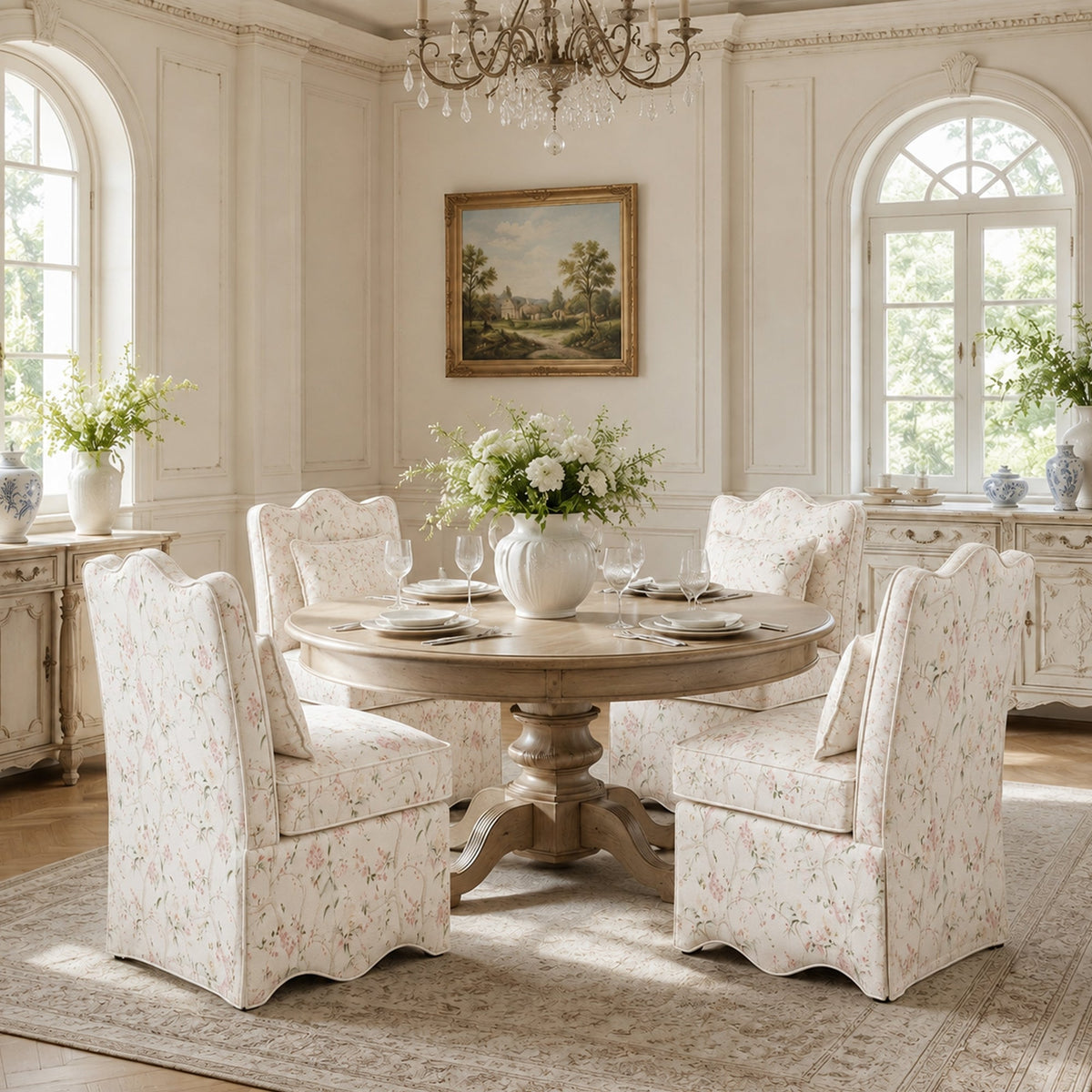 French Farmhouse Accent Chair with Scalloped Back & Upholstered Seat