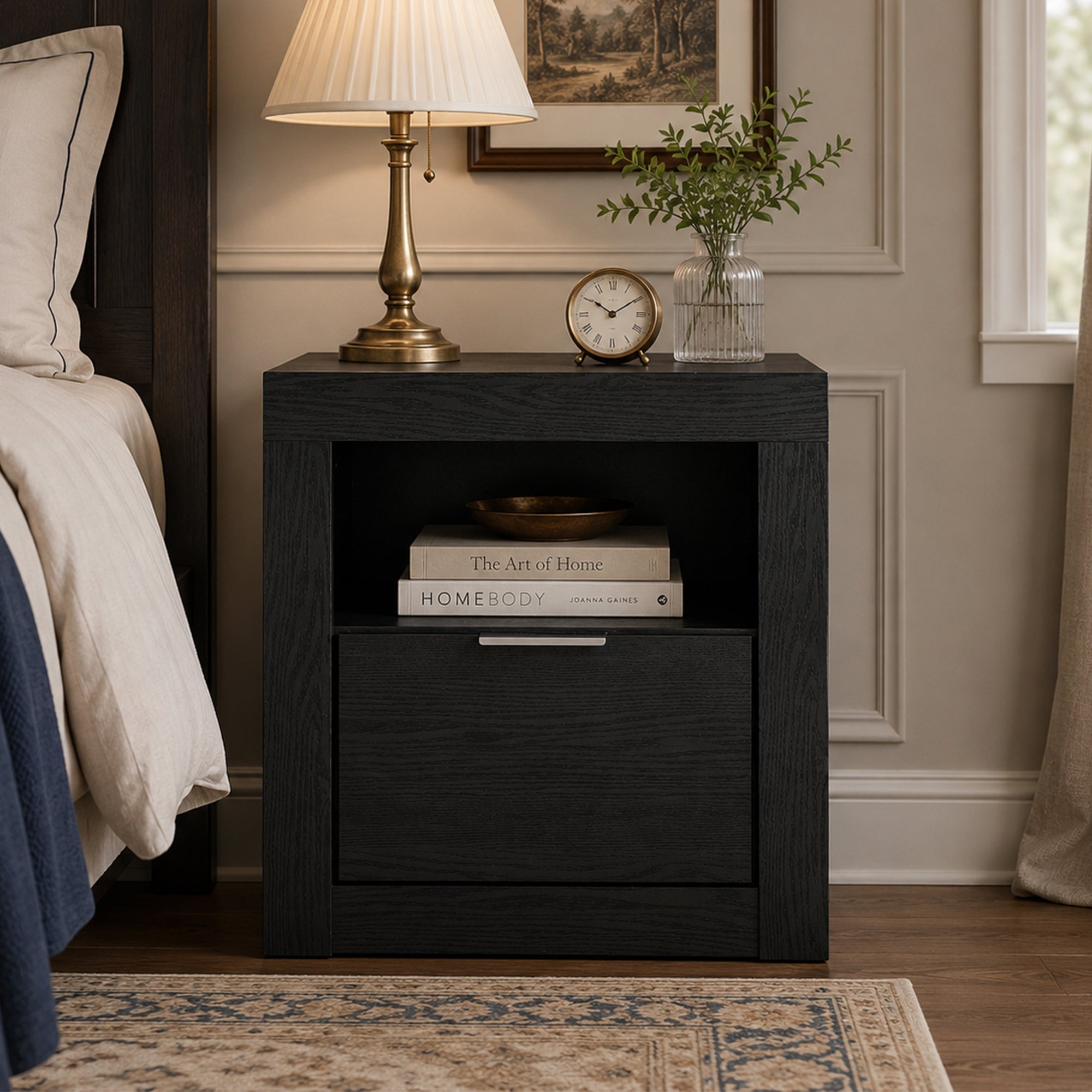 Contemporary Wood Nightstand with Dovetail Drawer & Storage – Modern Bedside Table with Finger Pull Handle