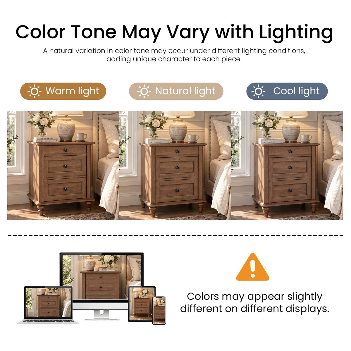 Traditional 3-Drawer Nightstand with Solid Wood Legs, Quick Assembly