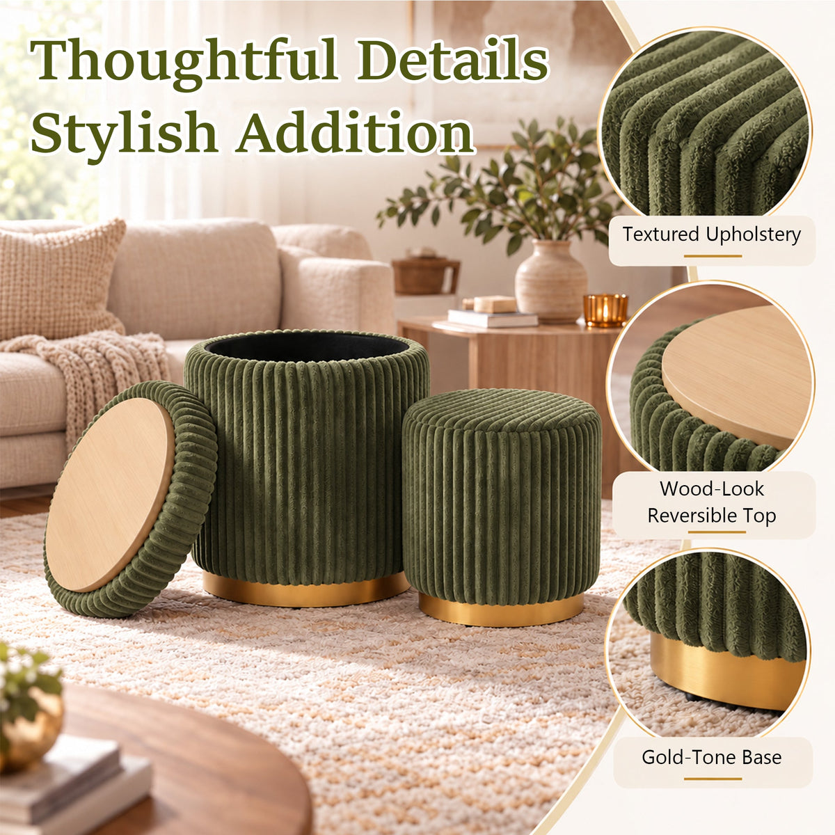 Nestable 2-Piece Storage Stool Set with 360° Swivel Base & Reversible Lid