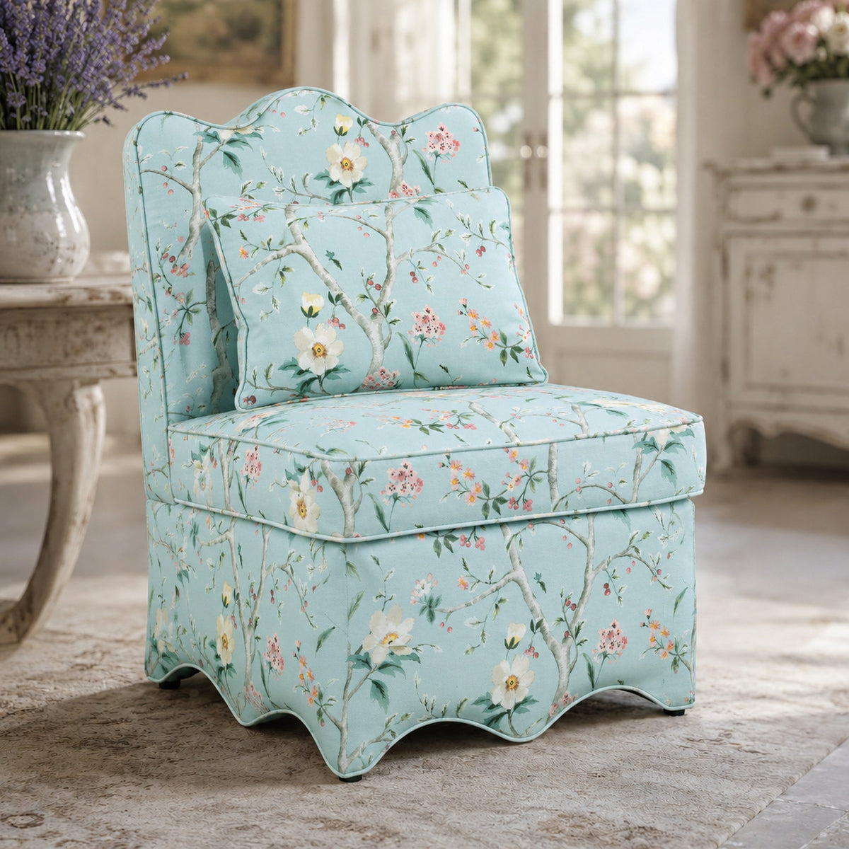 French Farmhouse Accent Chair with Scalloped Back & Upholstered Seat