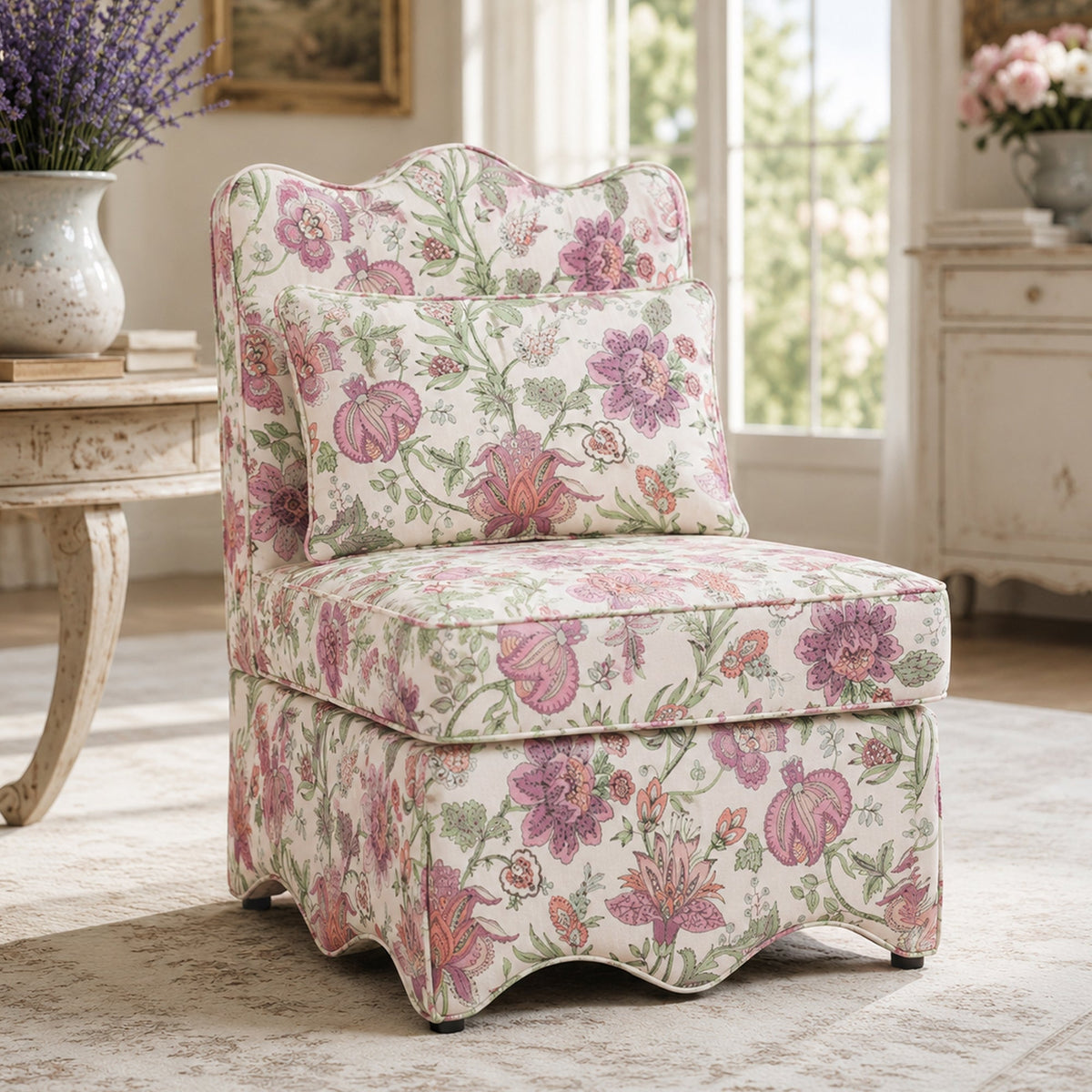 French Farmhouse Accent Chair with Scalloped Back & Upholstered Seat