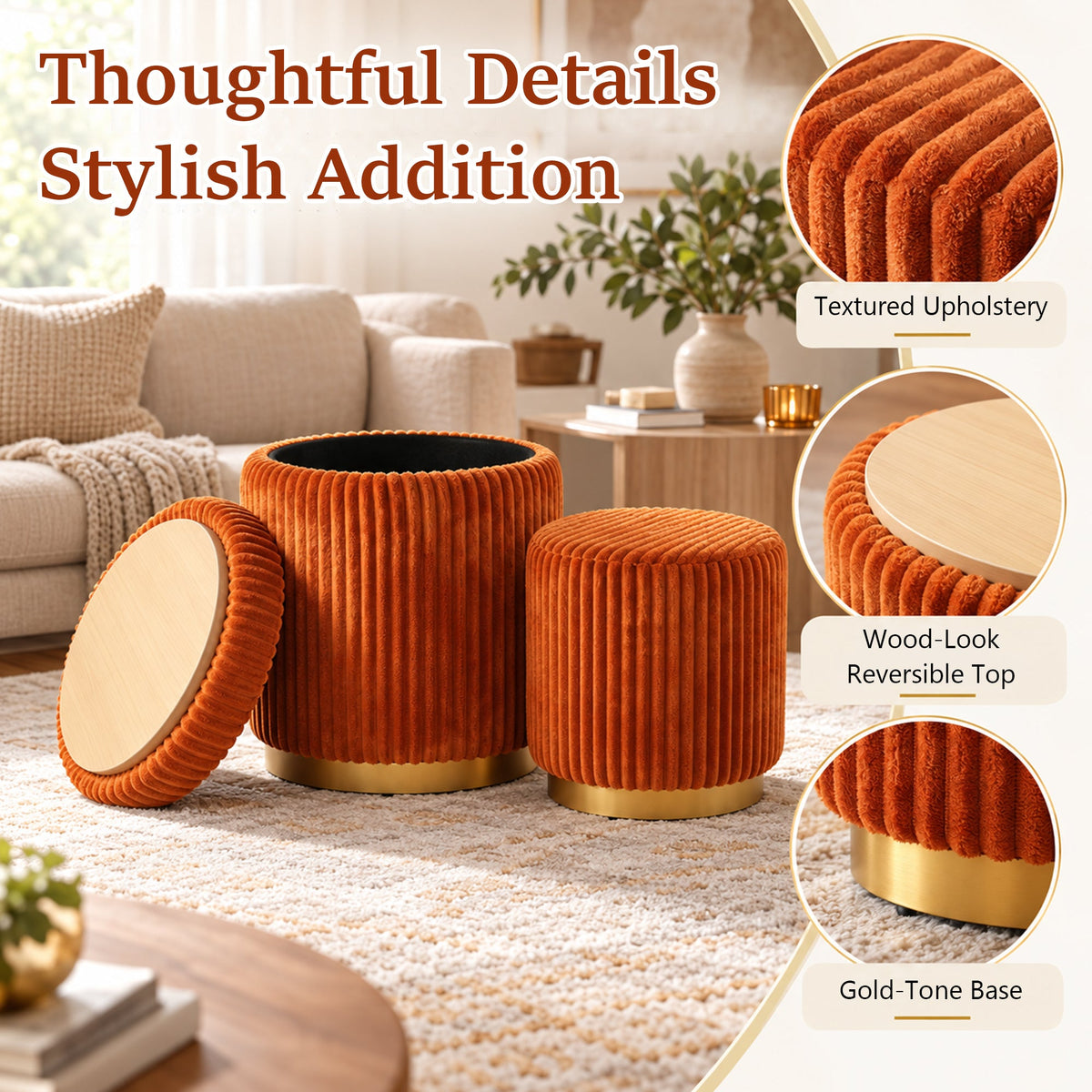 Nestable 2-Piece Storage Stool Set with 360° Swivel Base & Reversible Lid