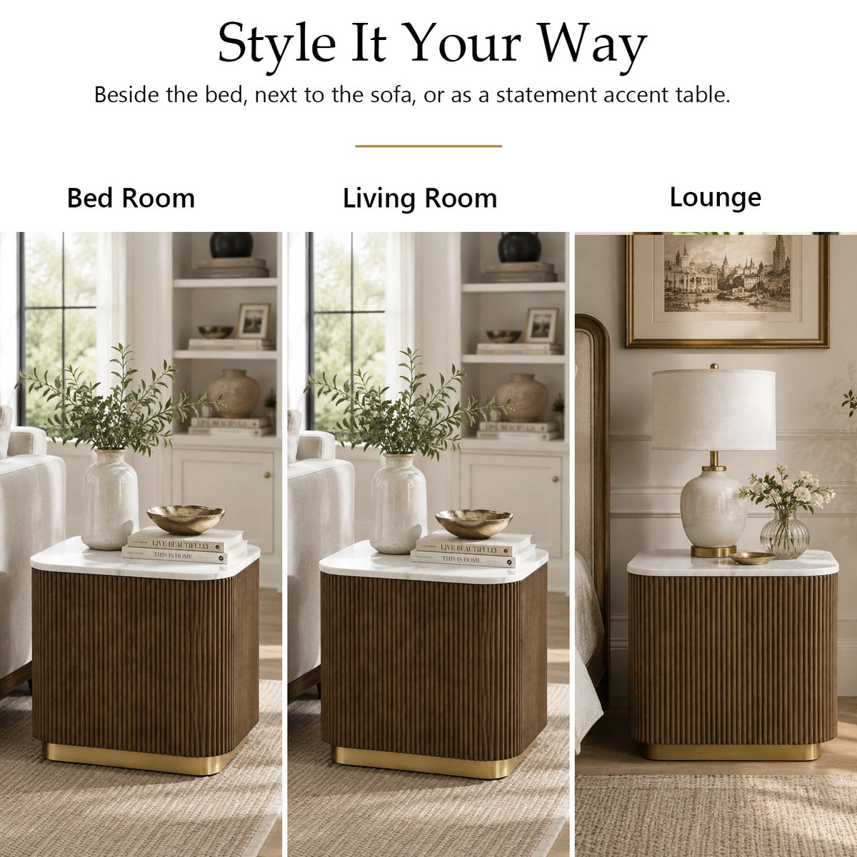 Modern Marble End Table – Genuine Marble Top & Gold Stainless Steel Base