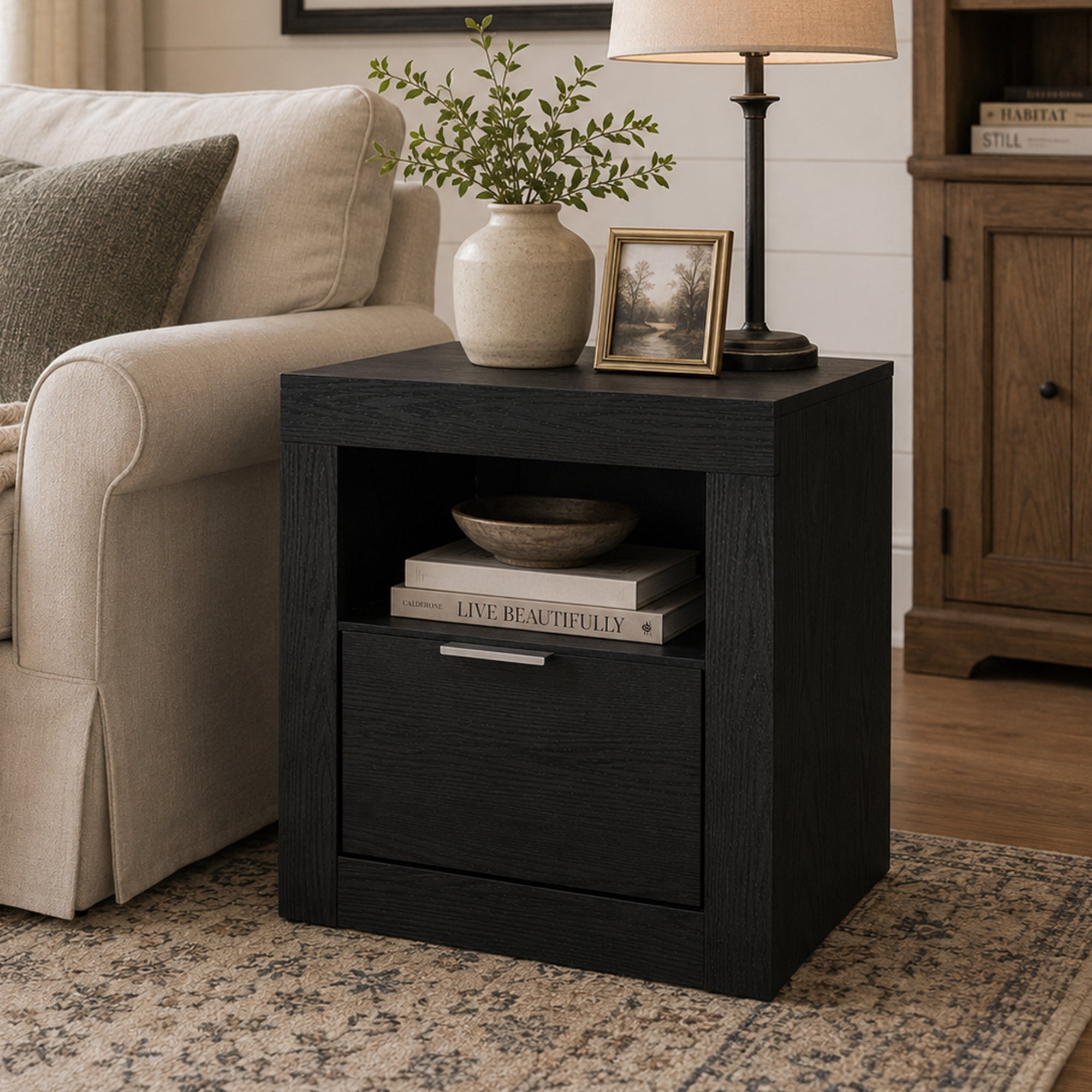 Contemporary Wood Nightstand with Dovetail Drawer & Storage – Modern Bedside Table with Finger Pull Handle