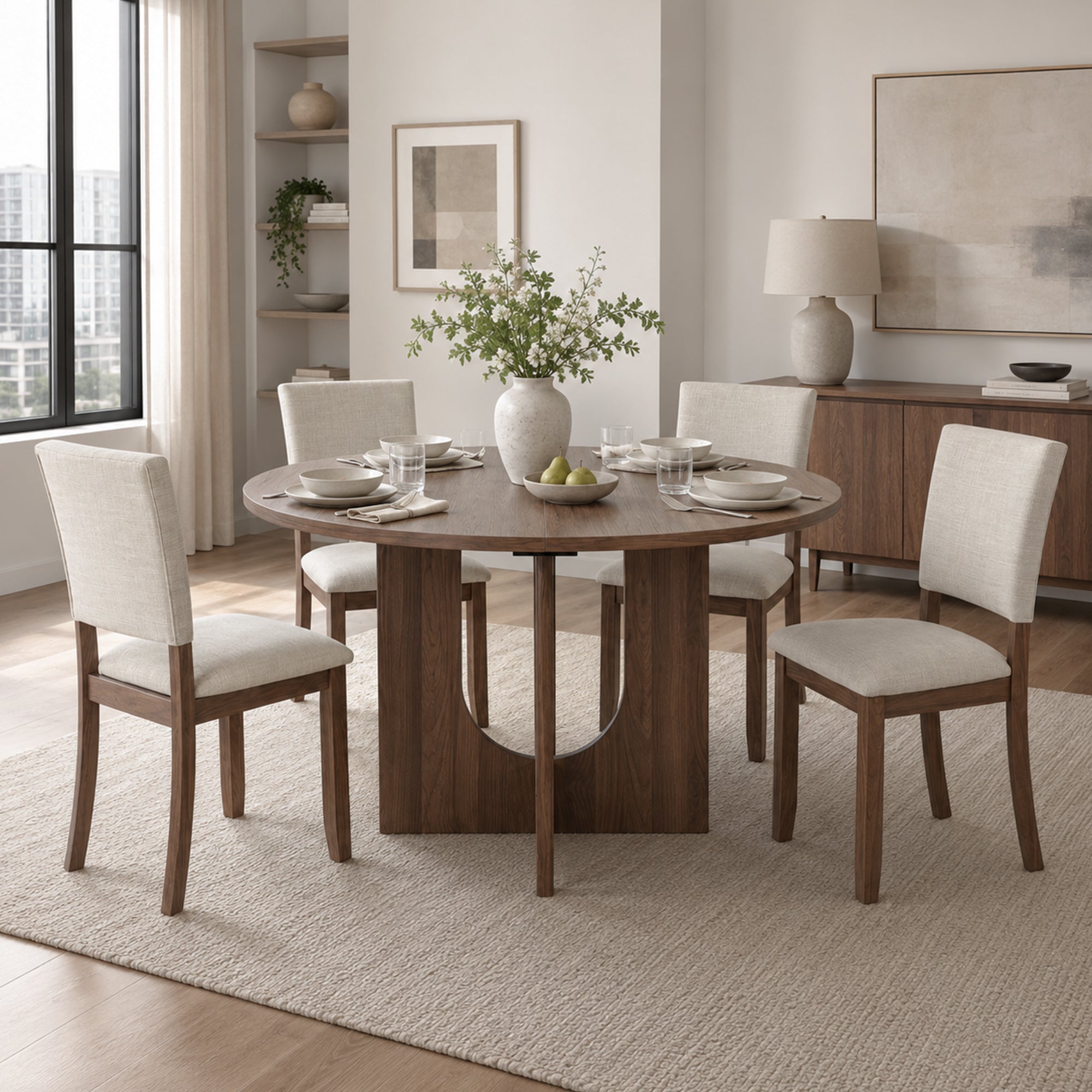 Modern 5-Piece Dining Table Set with 4 Upholstered Chairs – Round Table