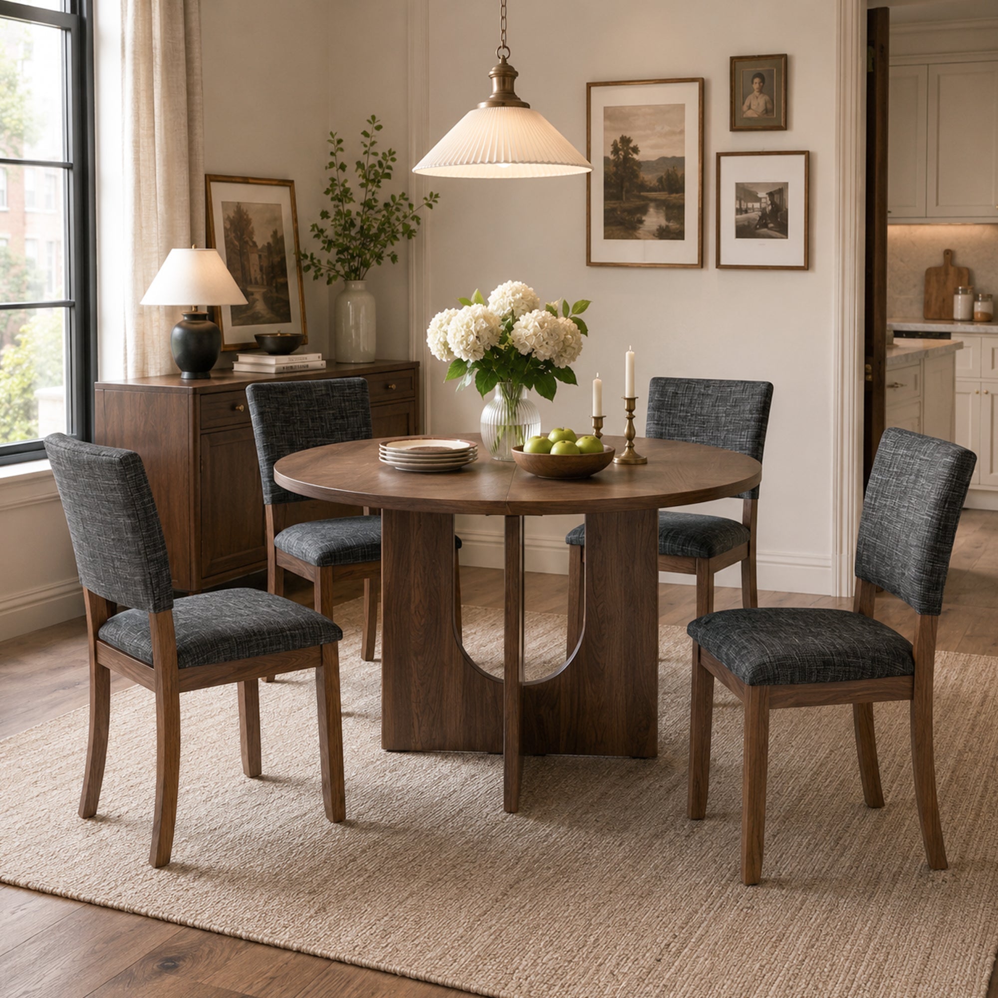 Modern 5-Piece Dining Table Set with 4 Upholstered Chairs – Round Table