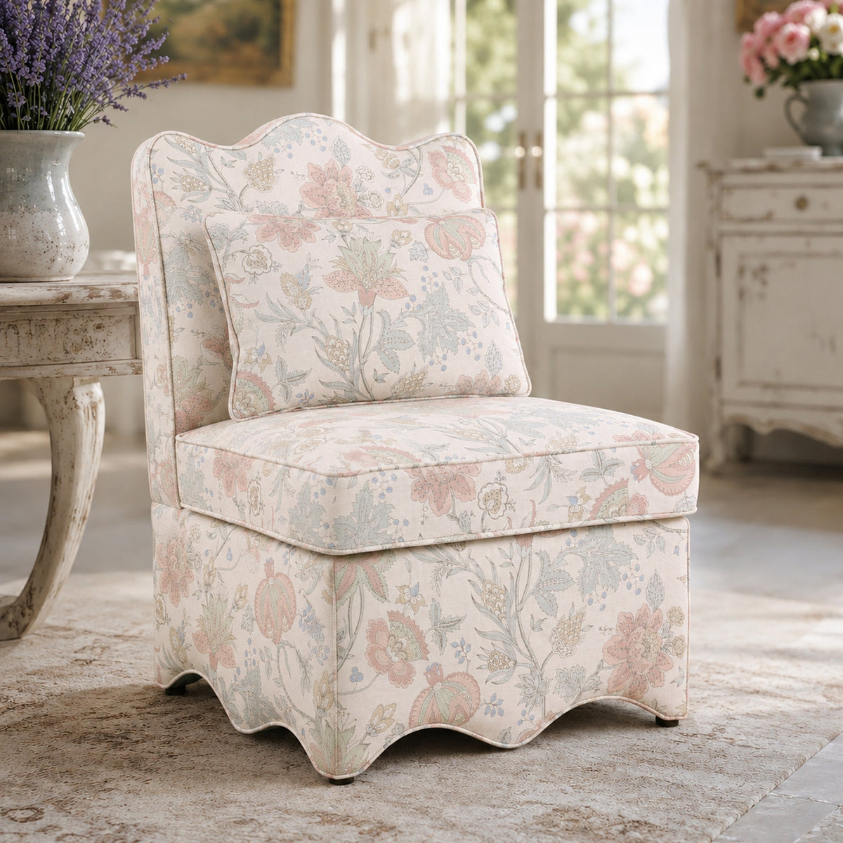 French Farmhouse Accent Chair with Scalloped Back & Upholstered Seat