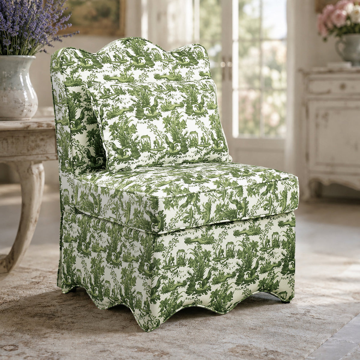French Farmhouse Accent Chair with Scalloped Back & Upholstered Seat
