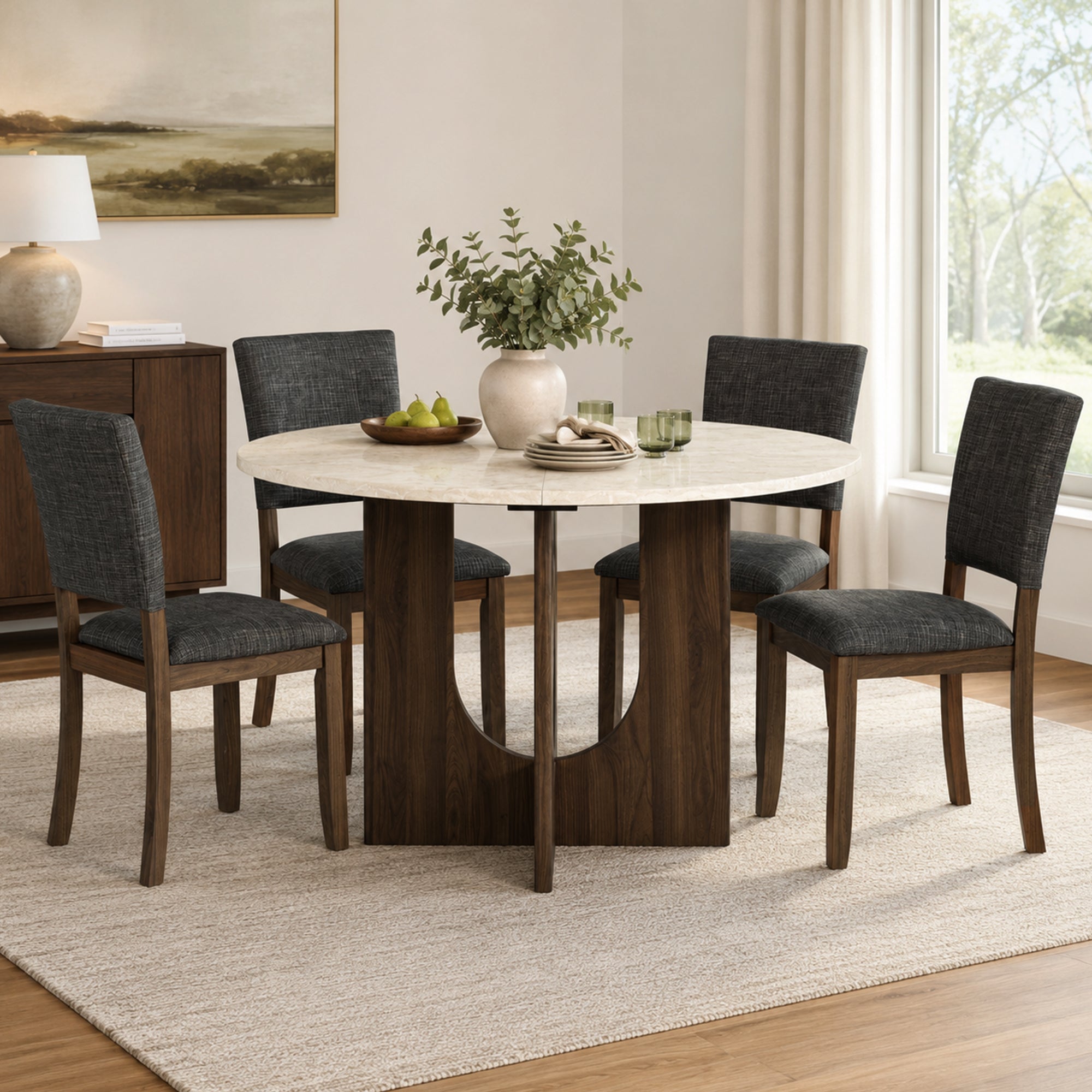 Modern 5-Piece Dining Table Set with 4 Upholstered Chairs – Round Table