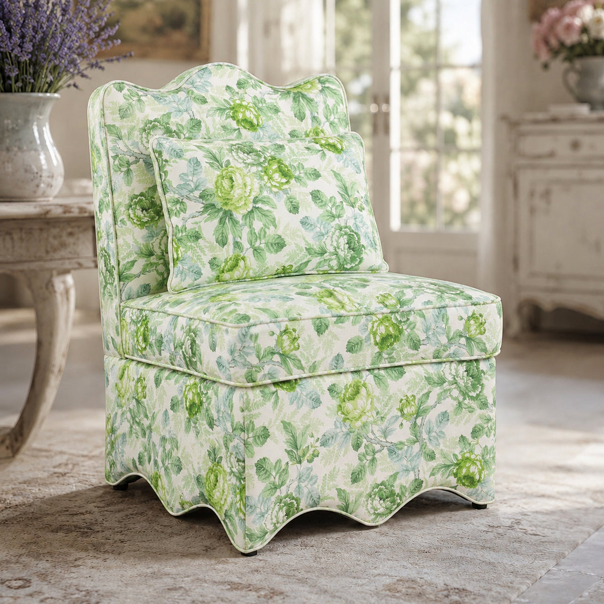French Farmhouse Accent Chair with Scalloped Back & Upholstered Seat