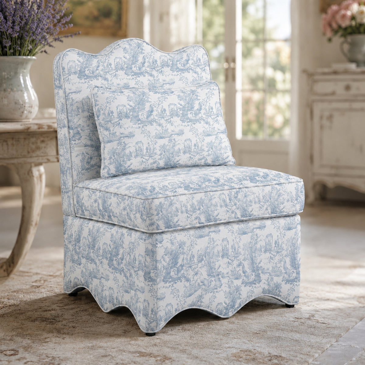 French Farmhouse Accent Chair with Scalloped Back & Upholstered Seat