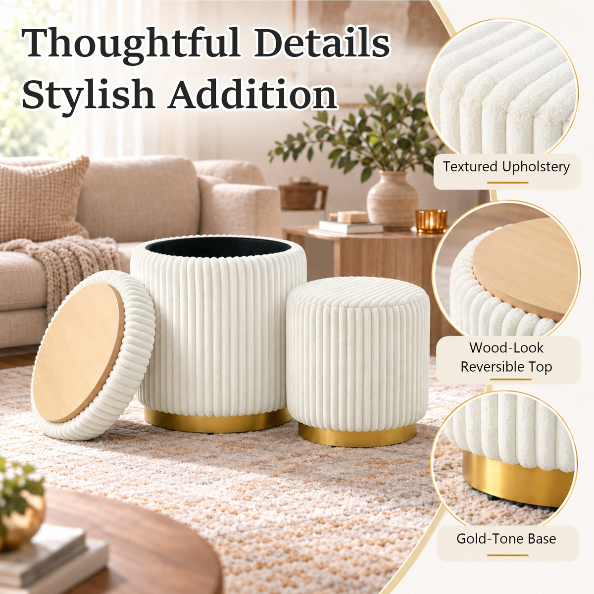 Nestable 2-Piece Storage Stool Set with 360° Swivel Base & Reversible Lid