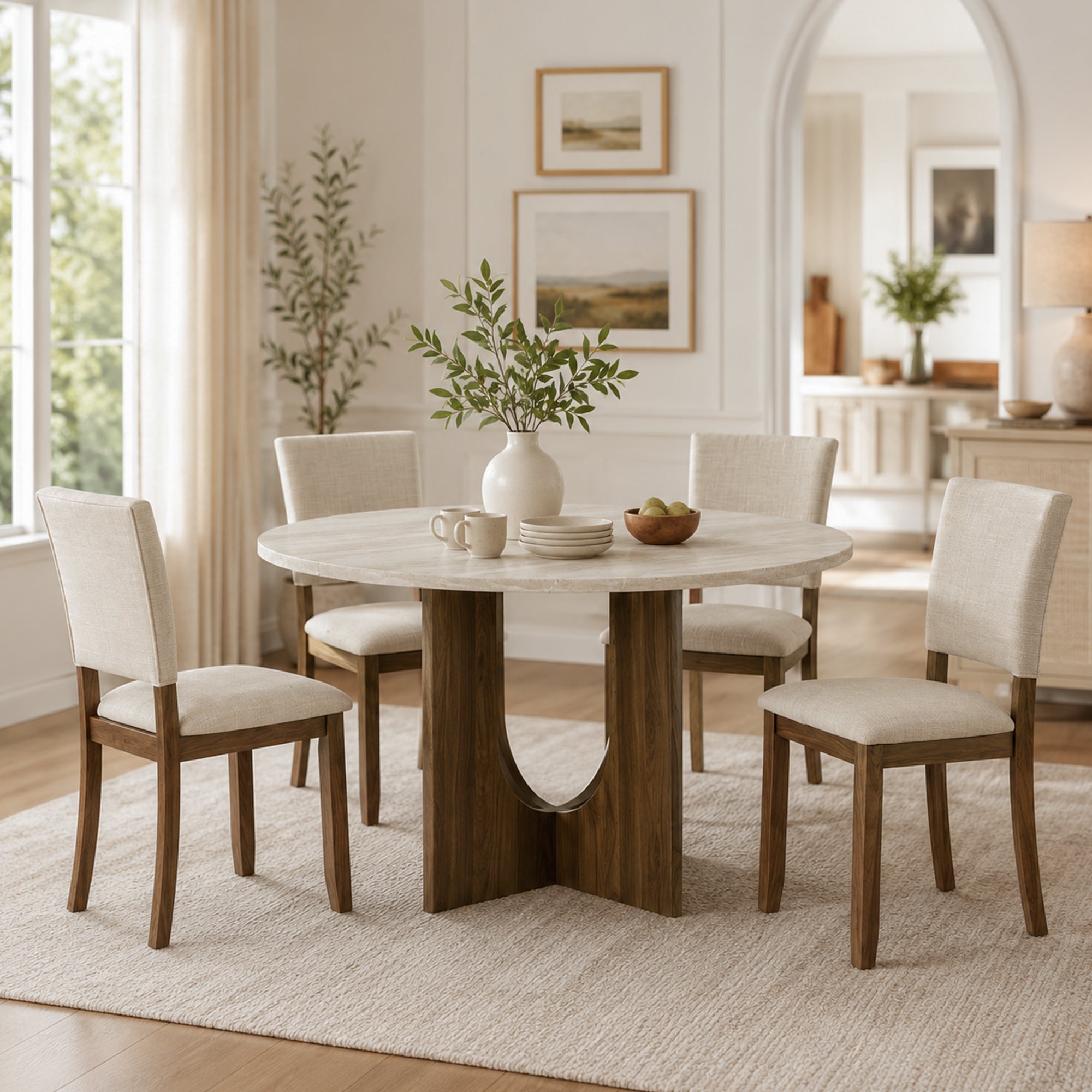 Modern 5-Piece Dining Table Set with 4 Upholstered Chairs – Round Table
