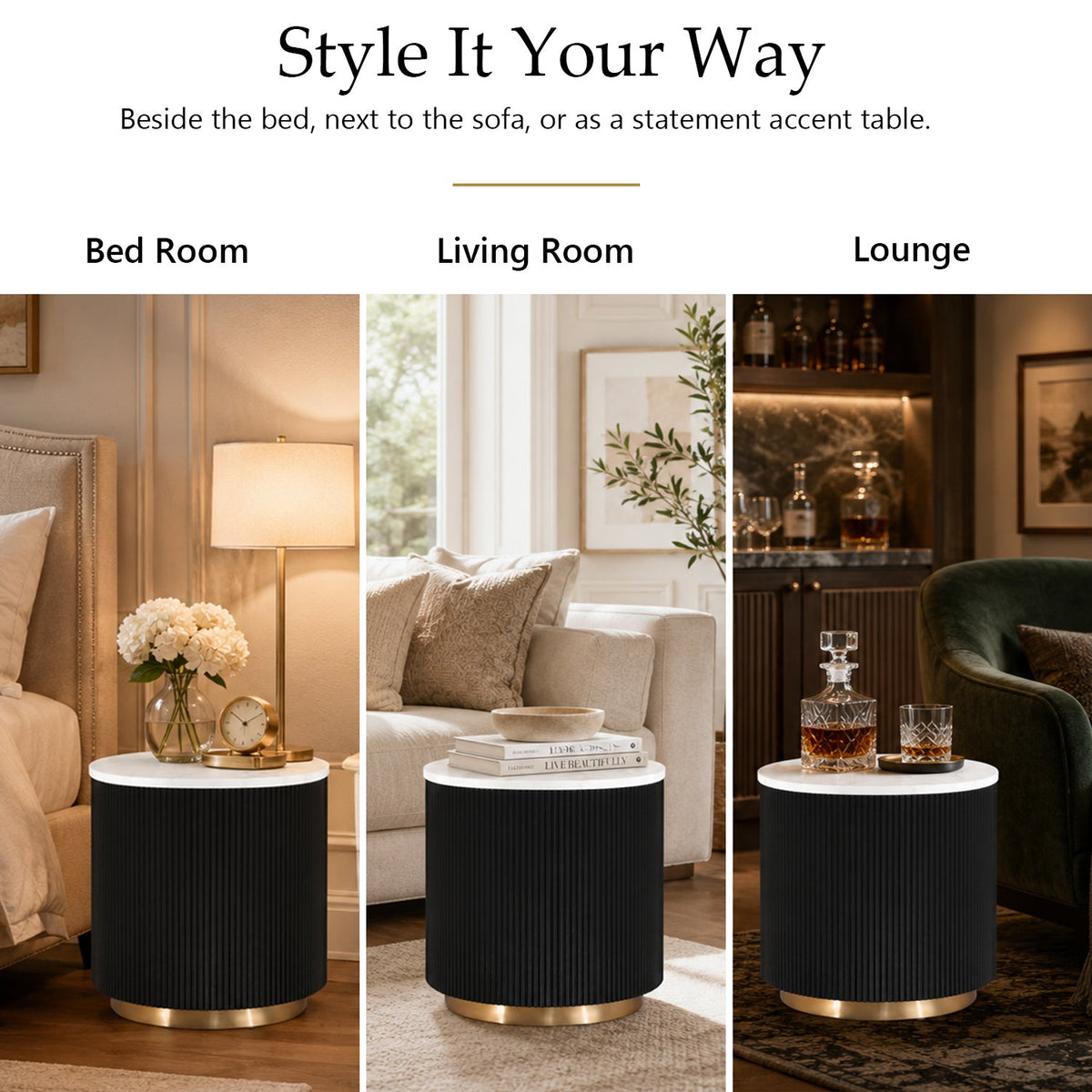 Modern Marble End Table – Genuine Marble Top & Gold Stainless Steel Base
