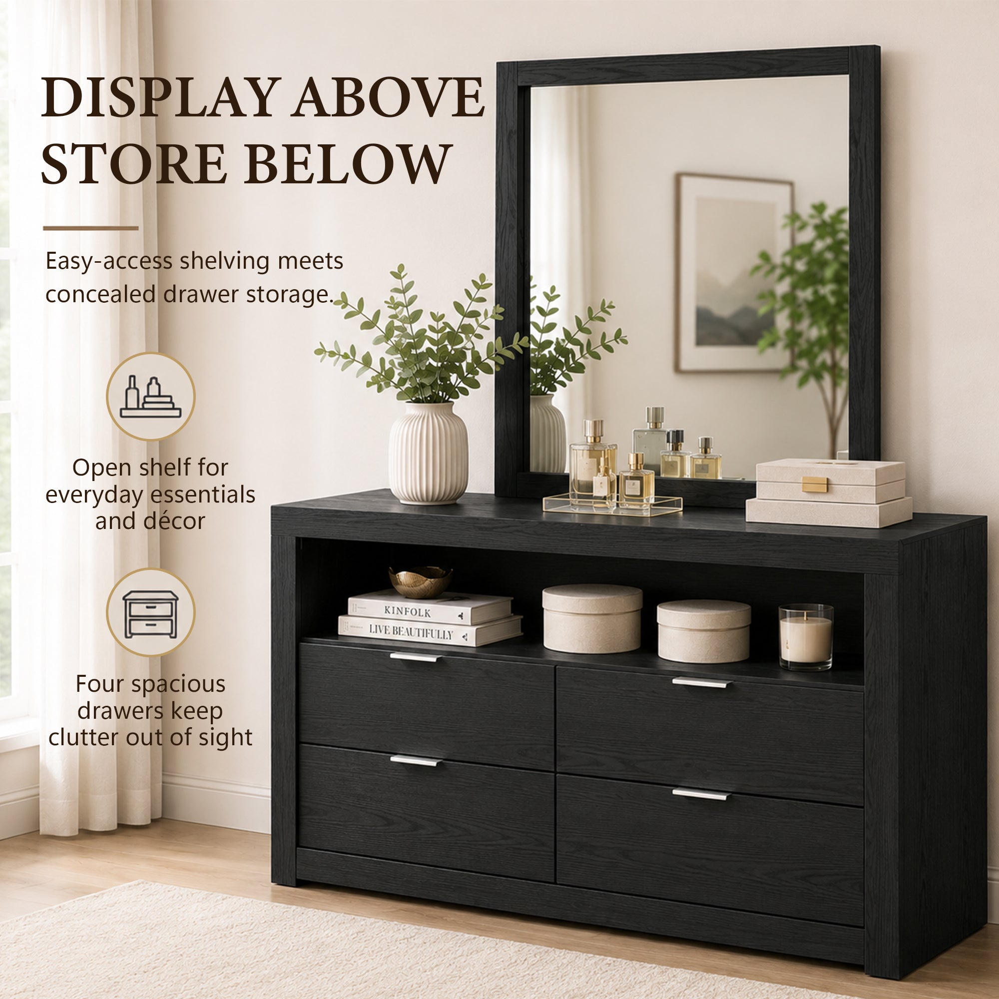 Contemporary Walnut Dresser with Optional Mirror, Finger Pull Drawers & Solid Wood Construction