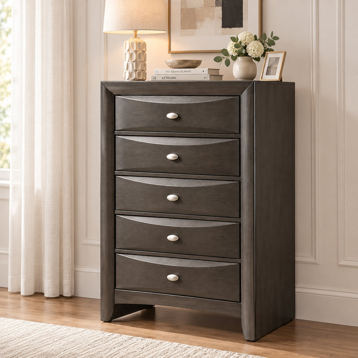 Transitional 5-Drawer Chest with Solid Wood Construction – No Assembly Required