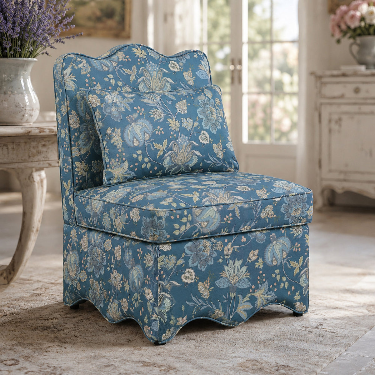 French Farmhouse Accent Chair with Scalloped Back & Upholstered Seat