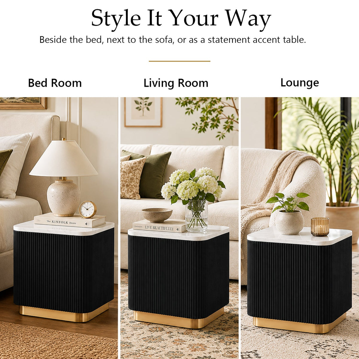 Modern Marble End Table – Genuine Marble Top & Gold Stainless Steel Base