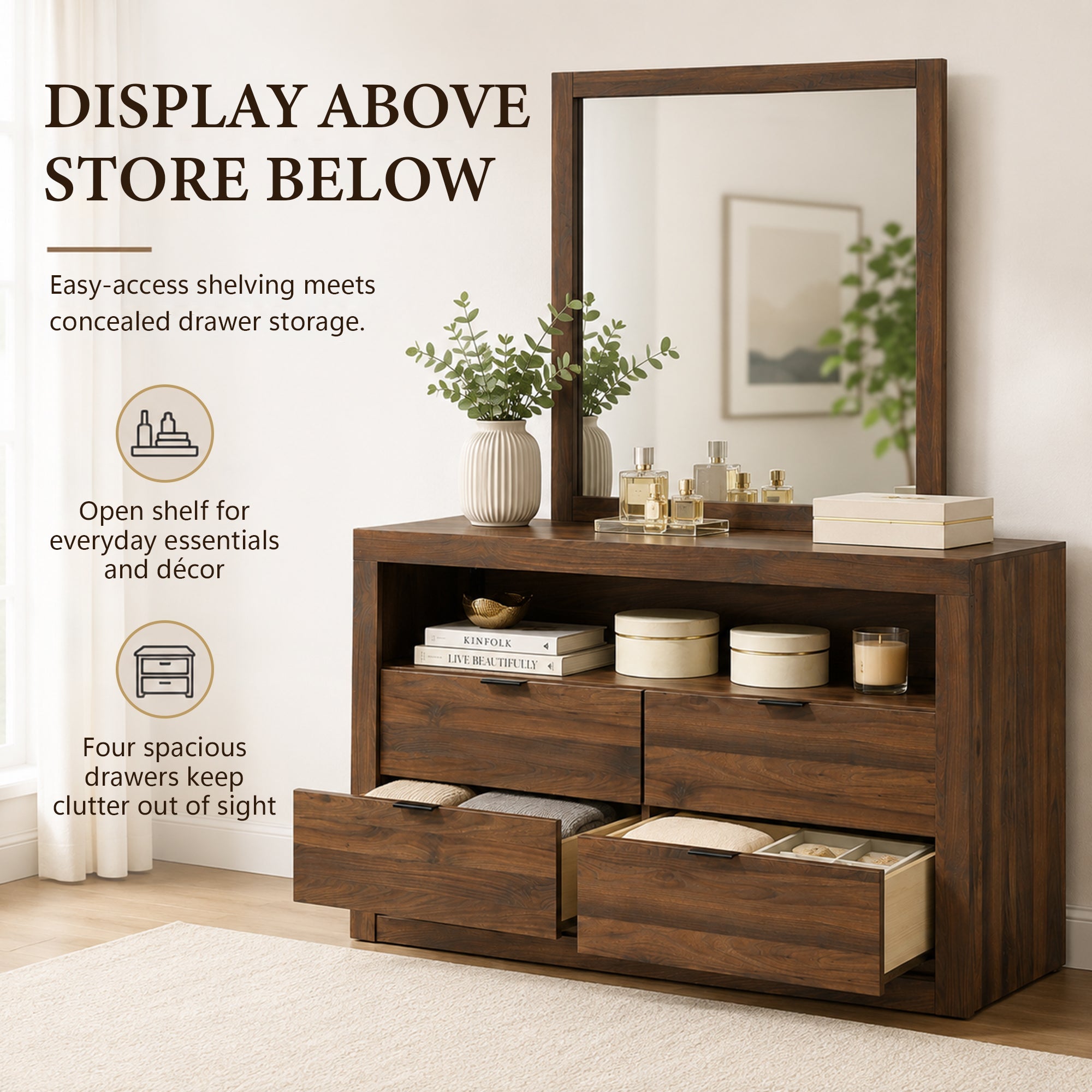 Contemporary Walnut Dresser with Optional Mirror, Finger Pull Drawers & Solid Wood Construction