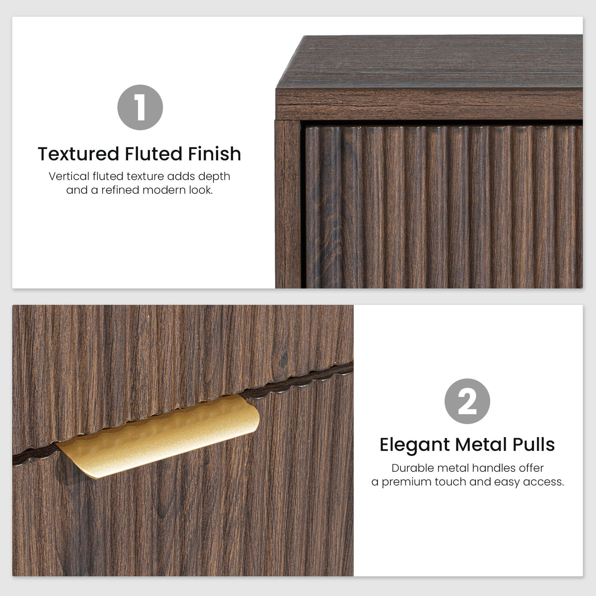 Fluted 3 Drawer Nightstand, Modern Wooden Storage Cabinet with Ribbed Drawer Fronts